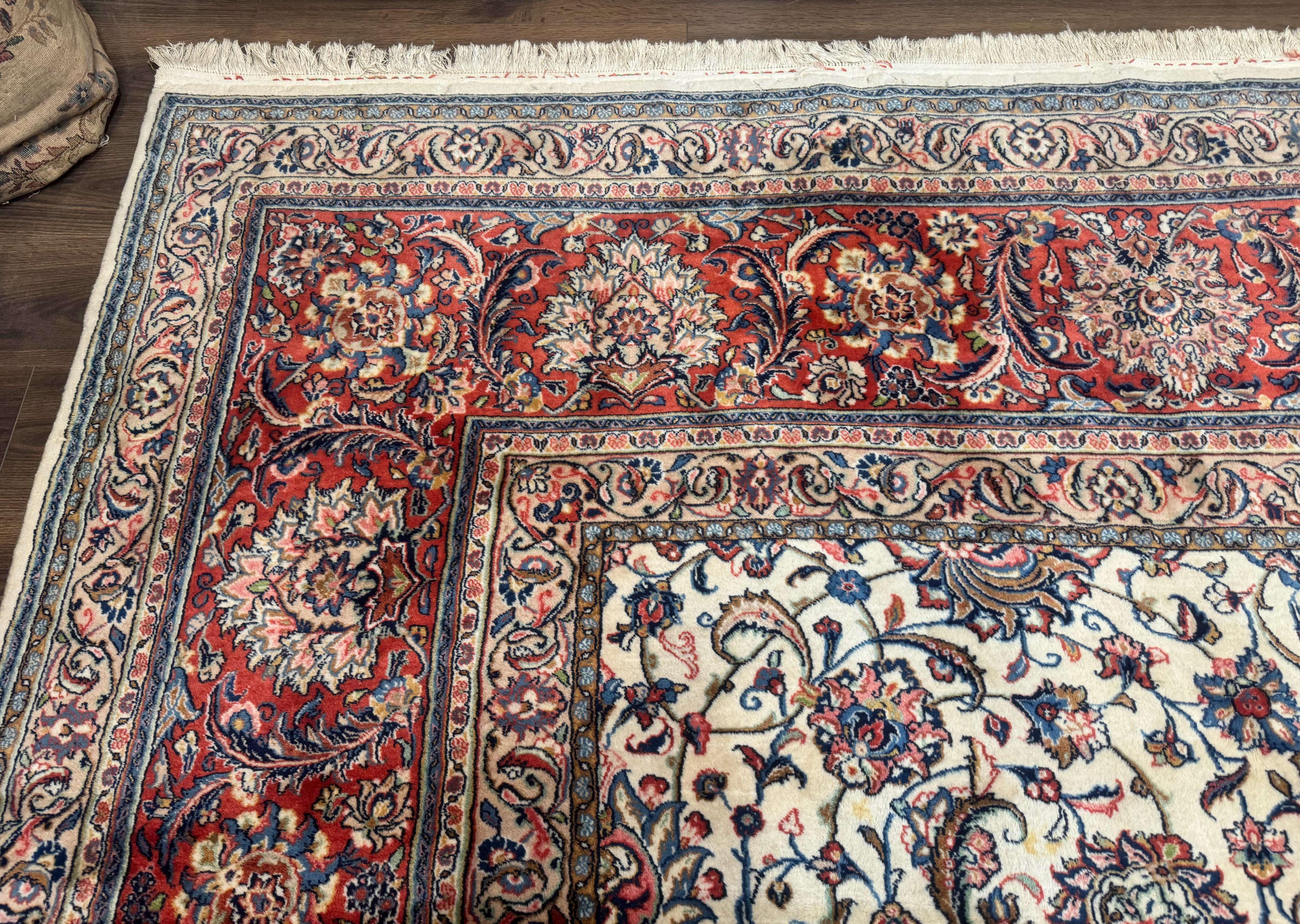 Ivory Persian Sarouk Rug 13x20, Palace Size Carpet, 225 KPSI, Traditional Wool Handmade Vintage Extra Large Rug 13 x 20 ft, Allover Pattern, - Jewel Rugs