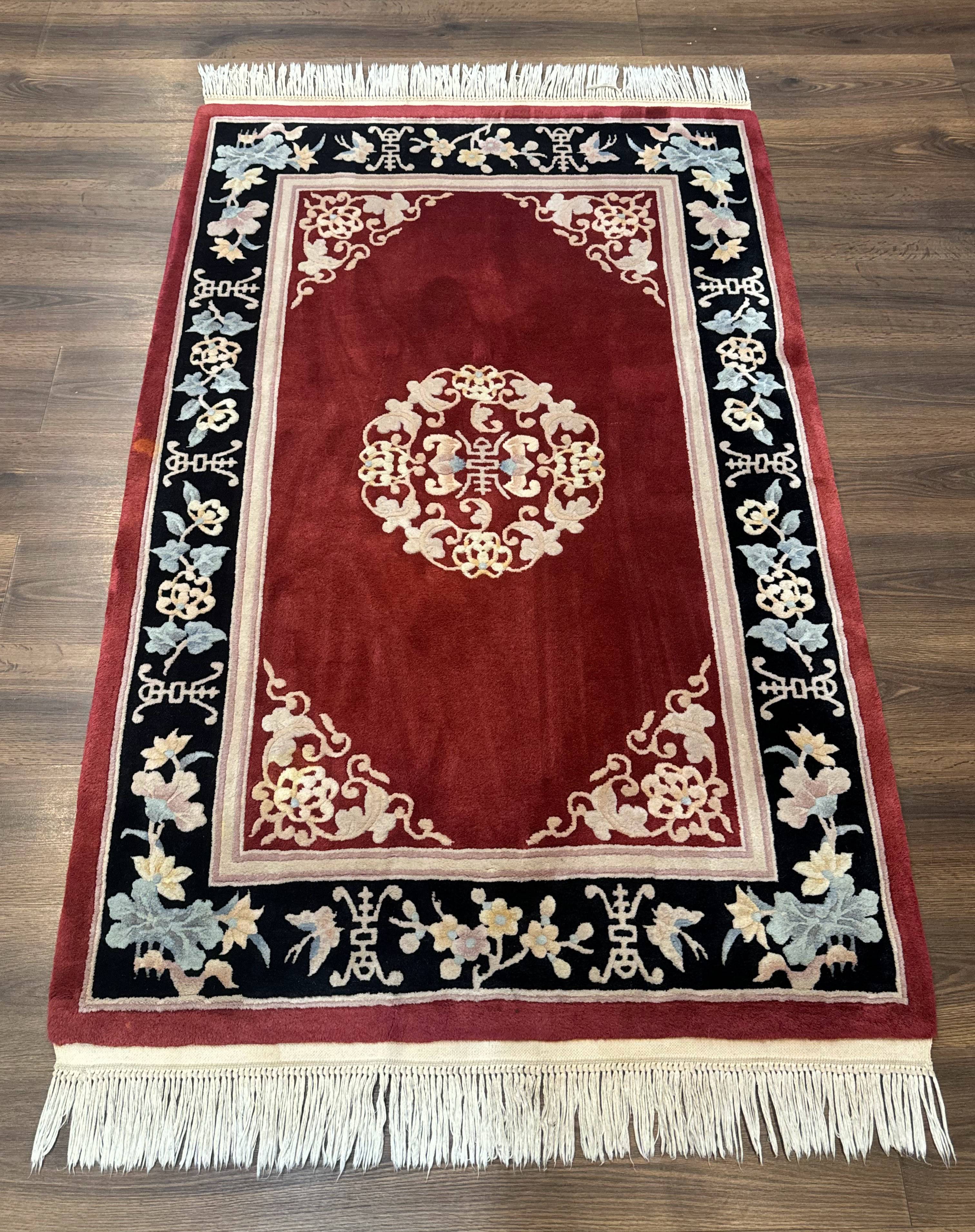 Chinese Wool Rug 4x6, Maroon and Black, Butterflies, Chinese Oriental Carpet, 90 Line Rug - Jewel Rugs
