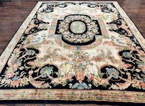 Aubusson Rug 9x12, Wool Hand Knotted Vintage Carpet, Black & Beige/Cream, French European Design, Elegant Floral Rug
