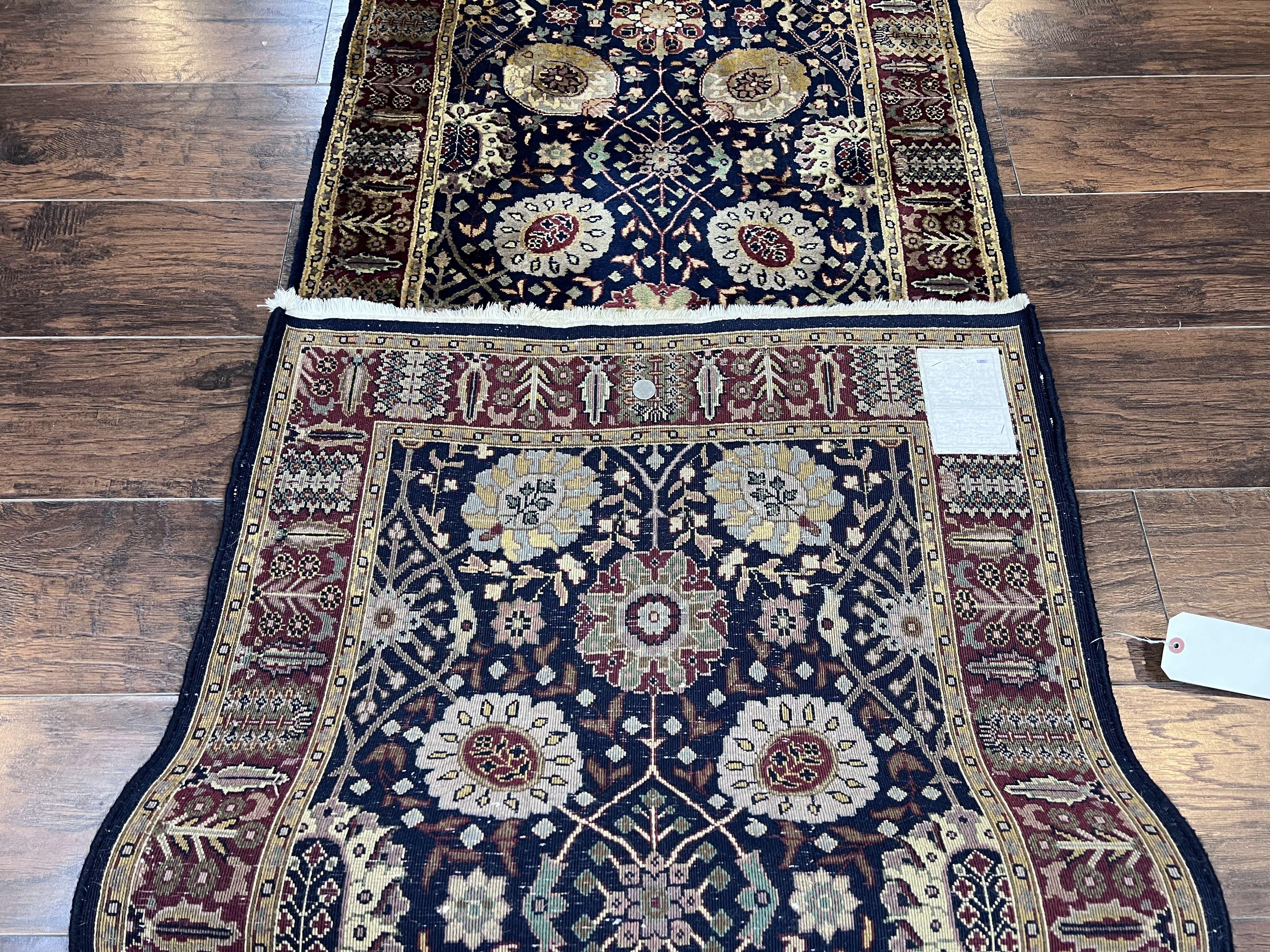Indo Persian Runner 2.8 x 18, Long Skinny Hallway Wool Runner Rug, Hand Knotted Vintage Floral Allover Traditional Runner Dark Blue Burgundy - Jewel Rugs