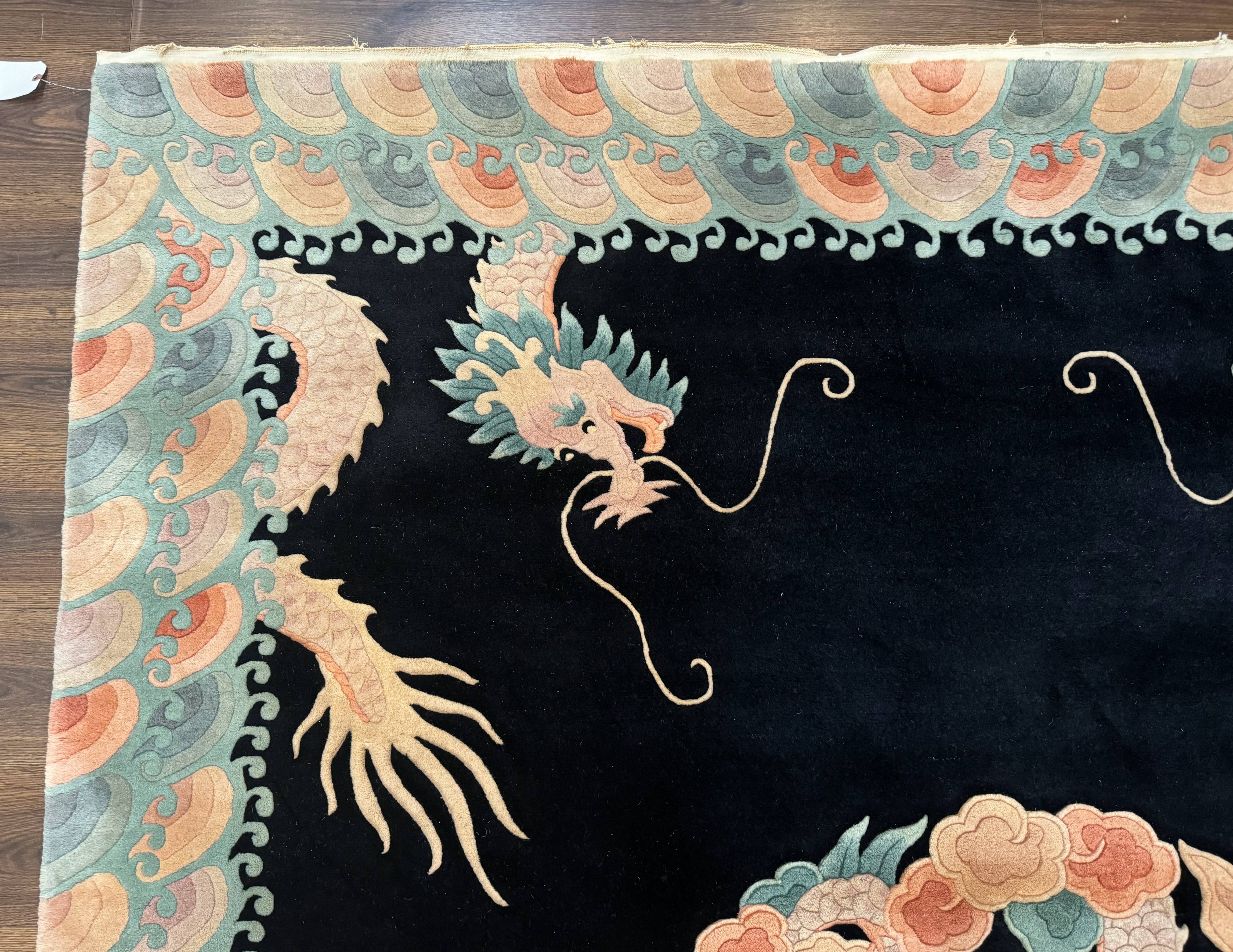 Black Chinese Wool Rug 8x10 with Dragons, Rainbow Borders, Rare - Jewel Rugs