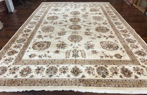 Pak Persian Rug 10x14, Ivory, Hand Knotted, Wool and Silk Highlights, Vintage Carpet