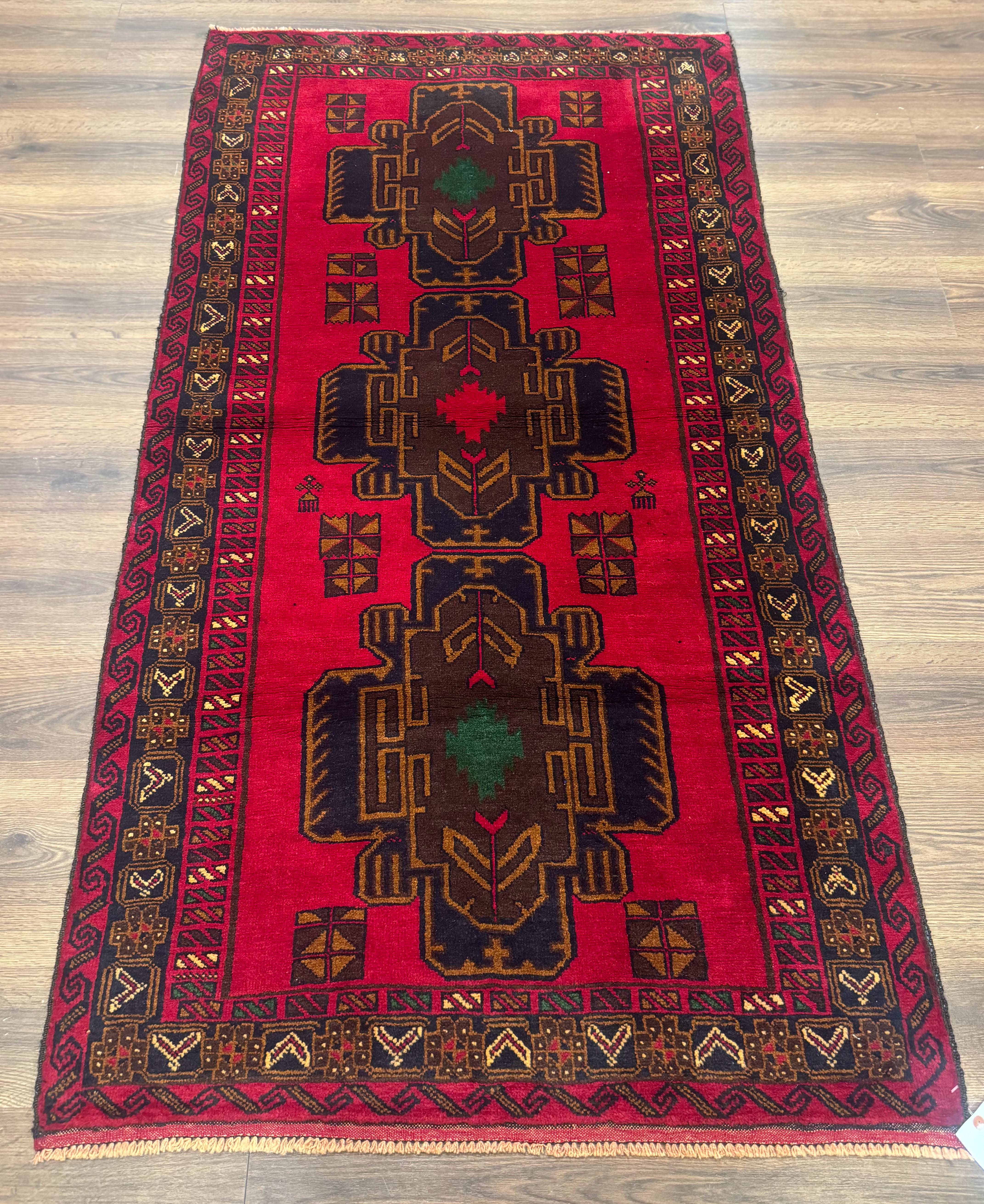 Red Afghan Balouch Rug 4x7, Triple Medallions, Handmade, New - Jewel Rugs