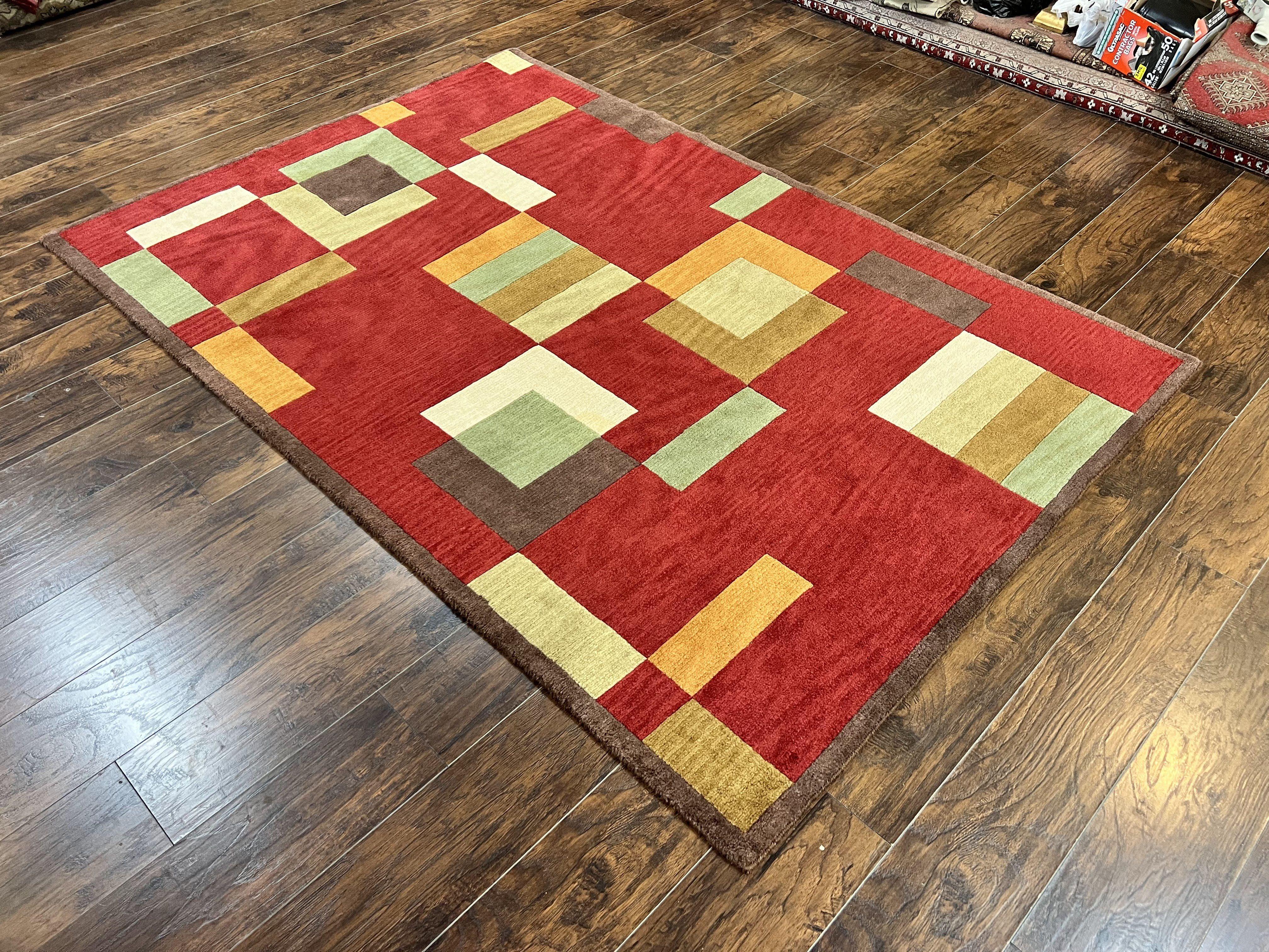 Indo Tibetan Modern Rug 5x8, Abstract Rug 5 x 8 ft, Red Multicolor Wool Handmade Contemporary Area Rug - Jewel Rugs