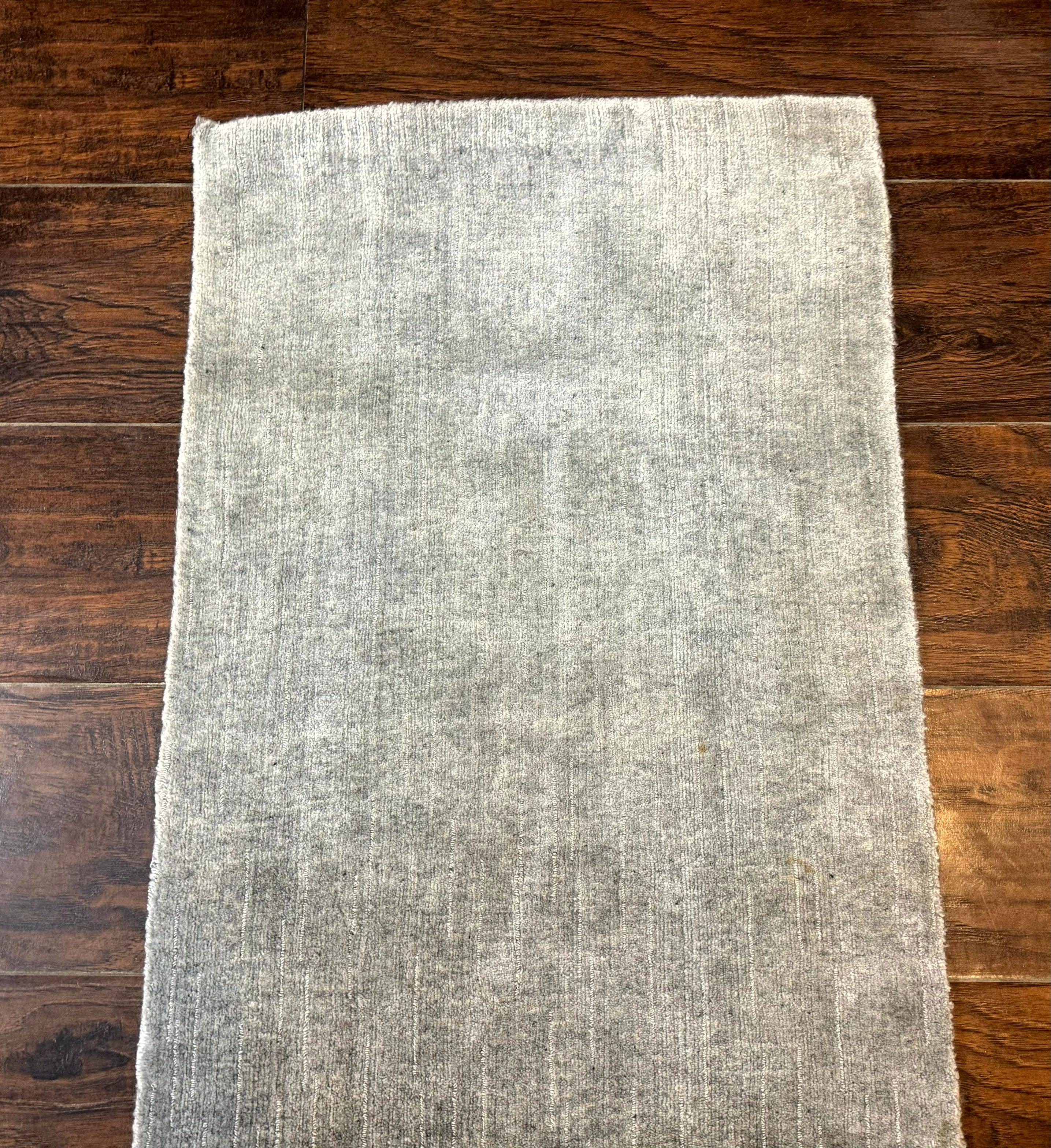 Modern Tibetan Runner Rug 1.9 x 8.6, Wool and Silk Highlights, Gray/Silver, Narrow Runner for Hallway or Kitchen - Jewel Rugs