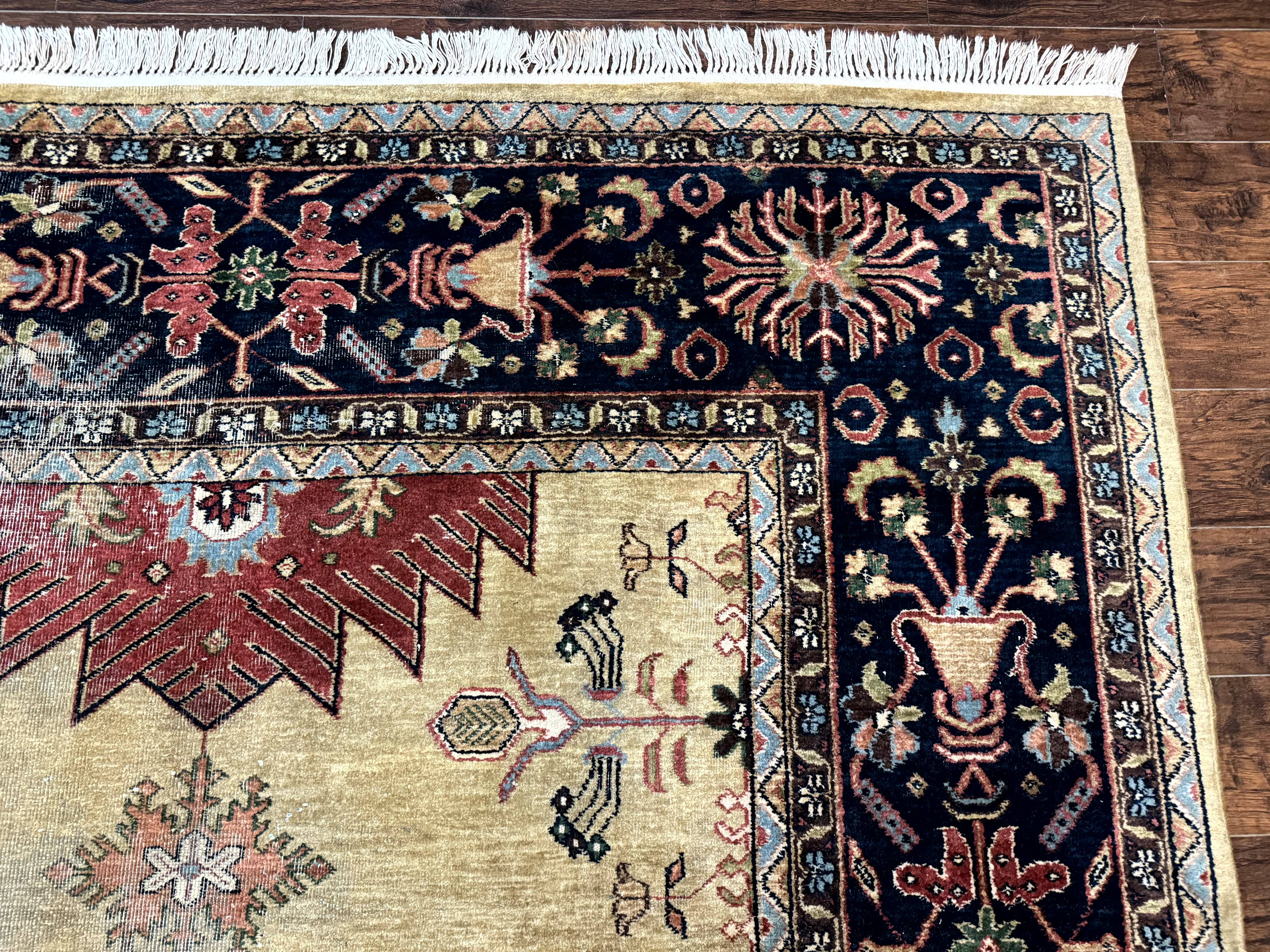 Indo Persian Heriz Rug 8x12, Camel Hair Tan and Navy Blue, Decorative - Jewel Rugs