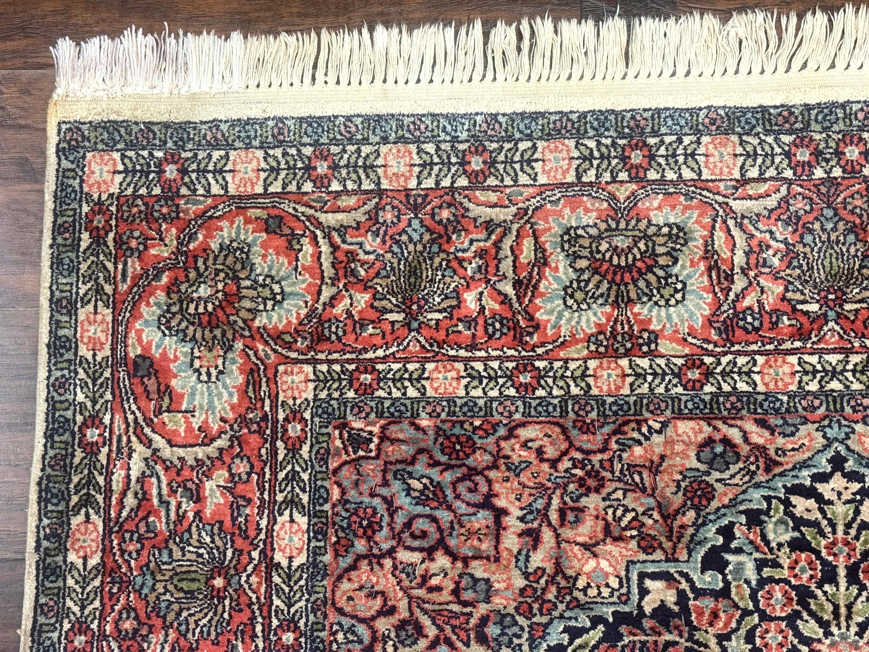 Silk Indian Kashmiri Rug 4x6, Tree of Life Pattern, Birds, Fine 290 KPSI, Navy Blue and Red, Handmade Oriental Carpet - Jewel Rugs