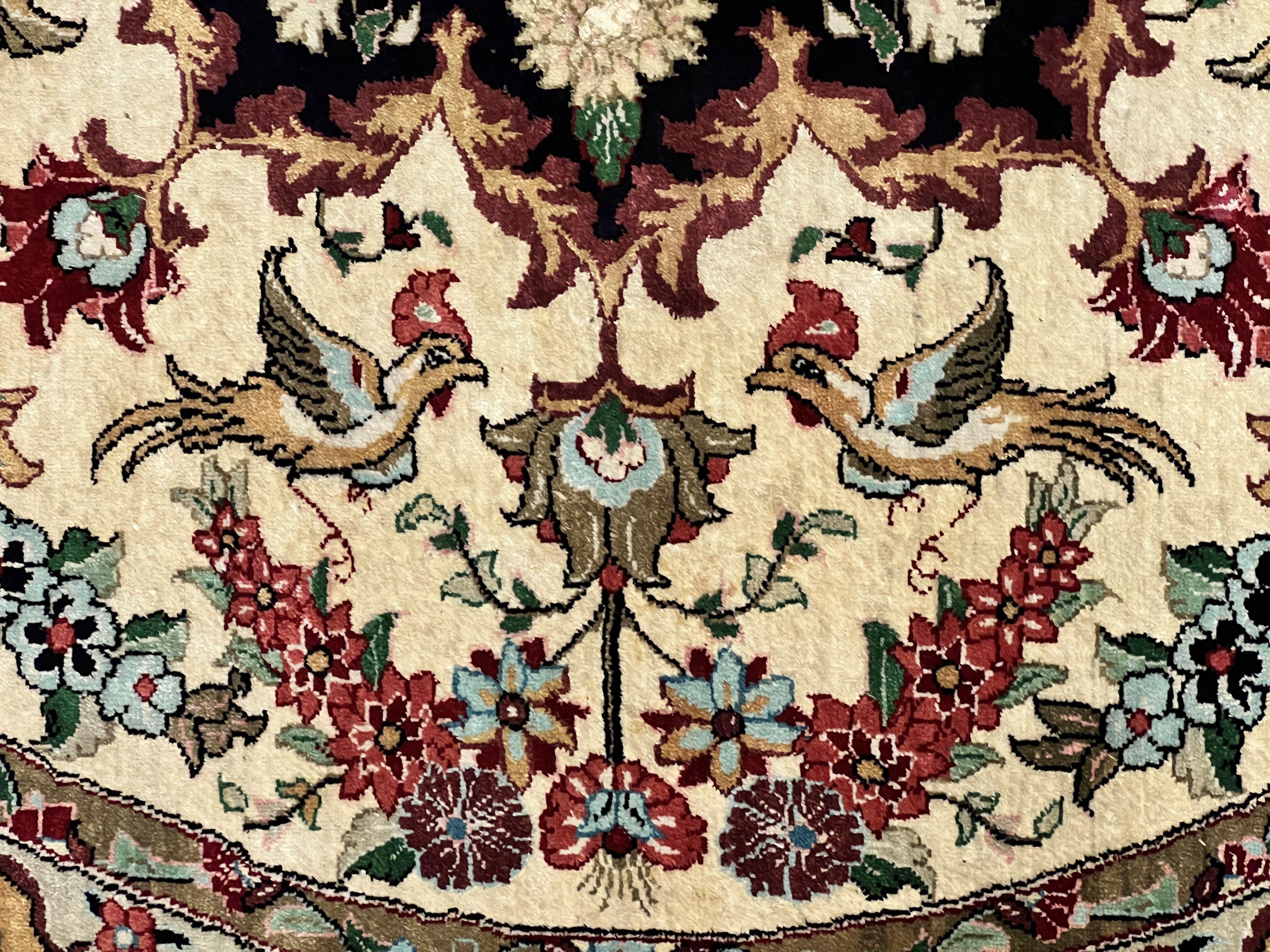 Silk Persian Tabriz Round Rug 3x3 ft, Very Fine Hand Knotted Carpet 380 KPSI, Cream & Gold, Bird Pictorials, Floral, Rare - Jewel Rugs
