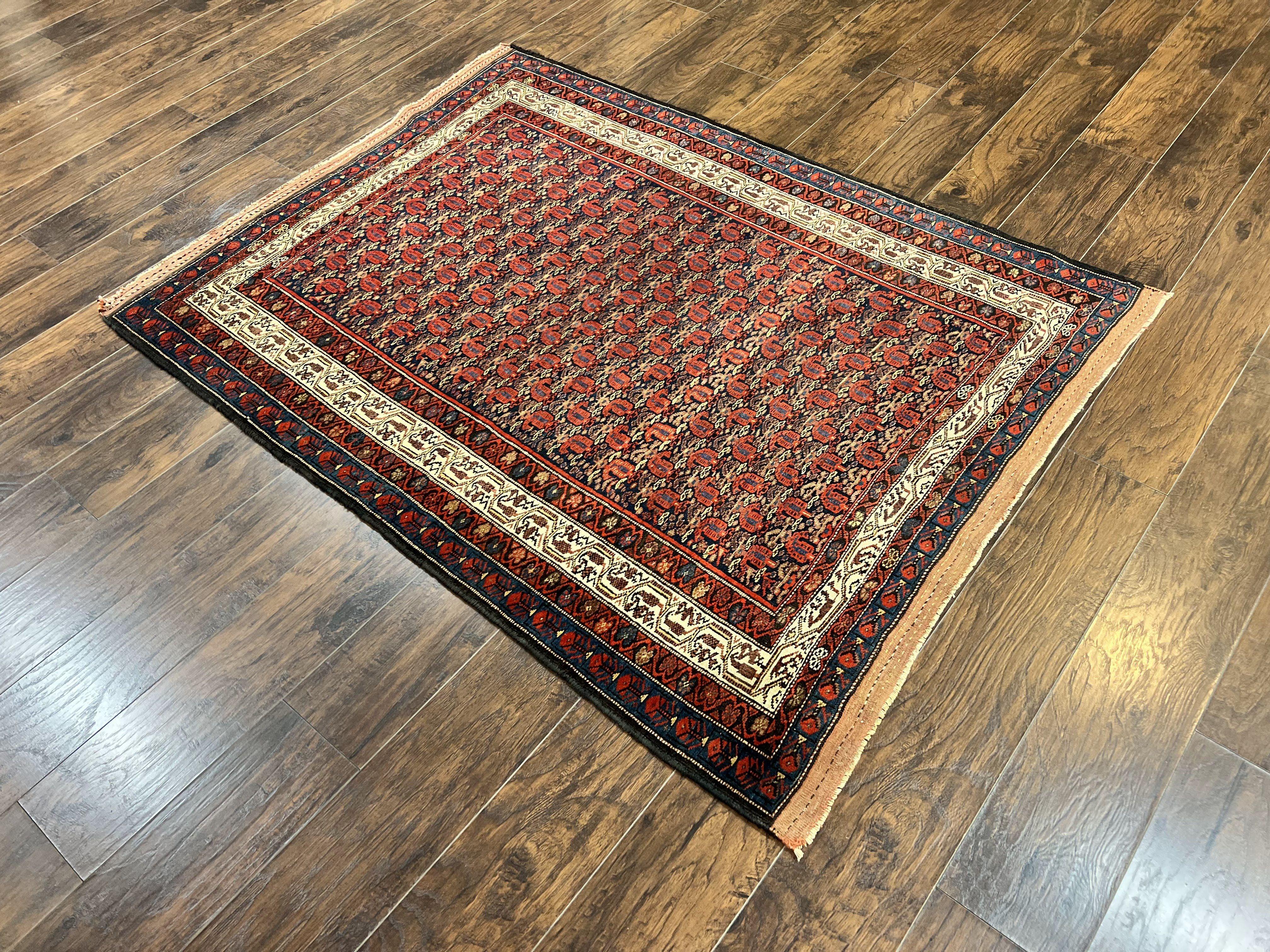 Persian Kurdish Rug 5x6, Wool Hand Knotted Vintage Carpet, Red Blue Cream, Boteh Paisley Pattern, 5 x 6 Medium Sized Oriental Rug - Jewel Rugs