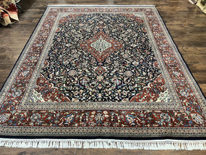 Indo Persian Rug 8x10, Floral Medallion, Vintage Handmade Wool Carpet, Navy Blue and Red, Fine 300 KPSI