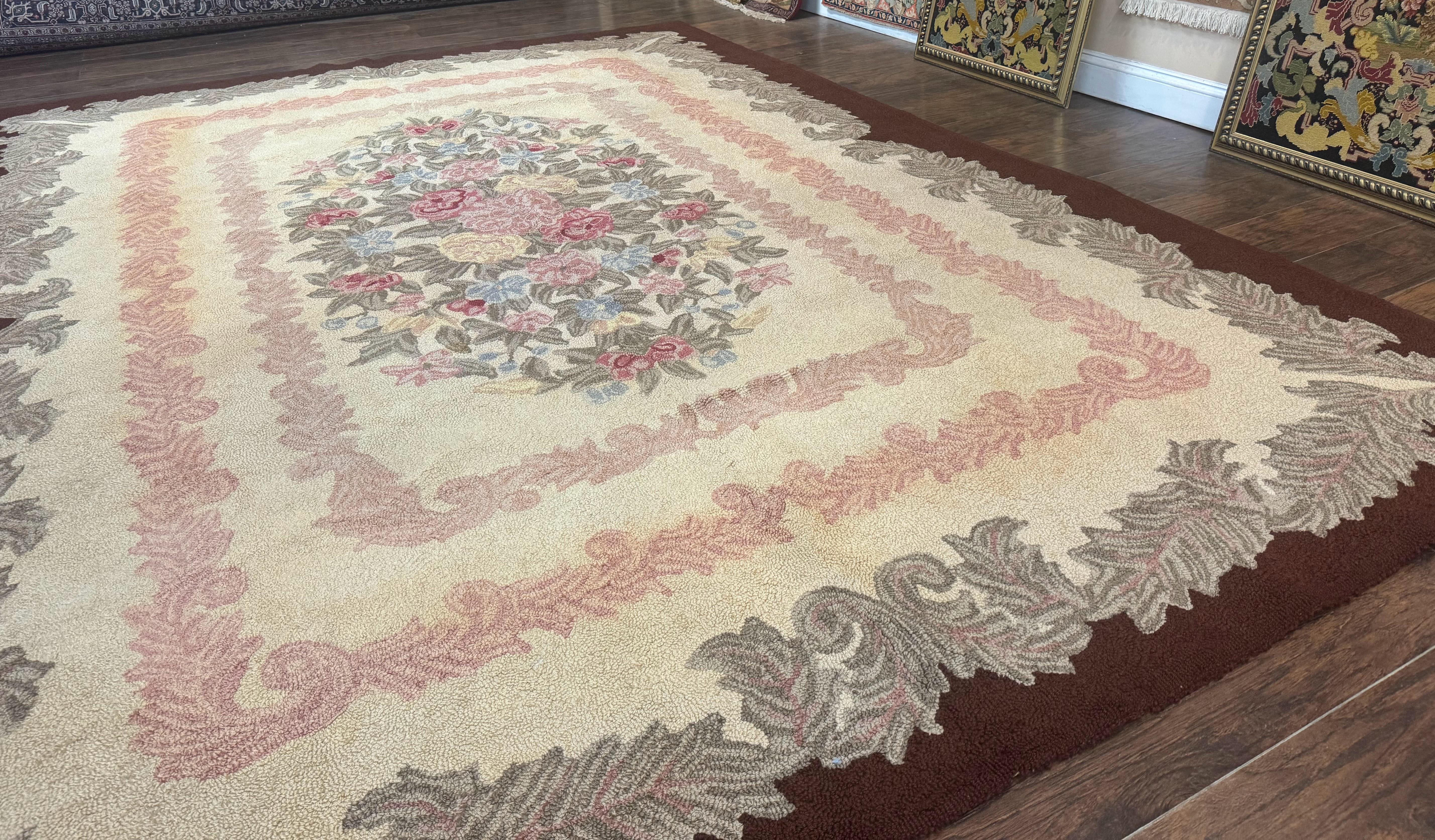American Hand Hooked Rug 9x12, Vintage Aubusson Carpet, Wool - Jewel Rugs