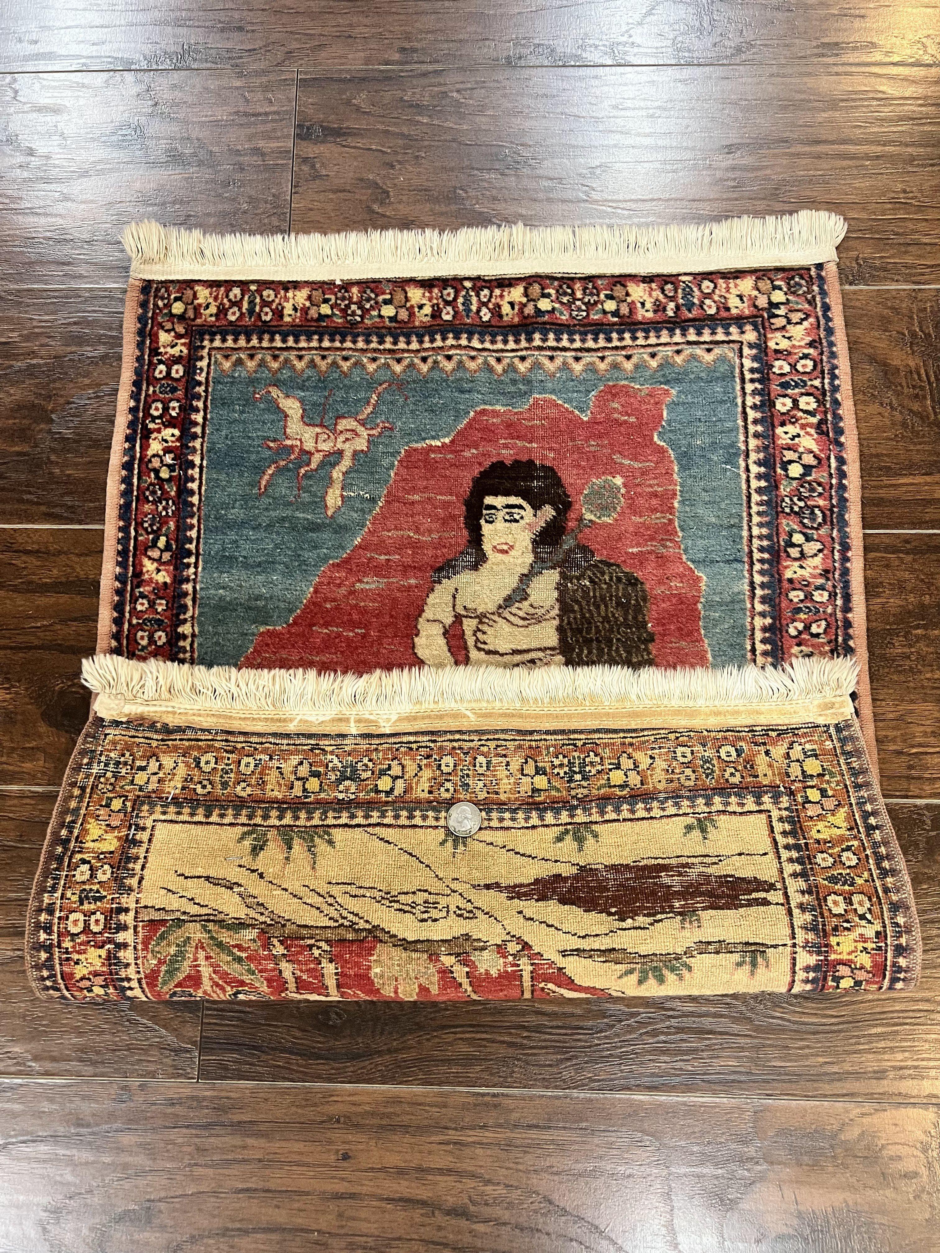 Antique Persian Kirman Rug 2 x 2.5, Small Hand Knotted Wool Carpet, Lavar Rug, Shepherd with Ram Pictorial Rug #1 - Jewel Rugs