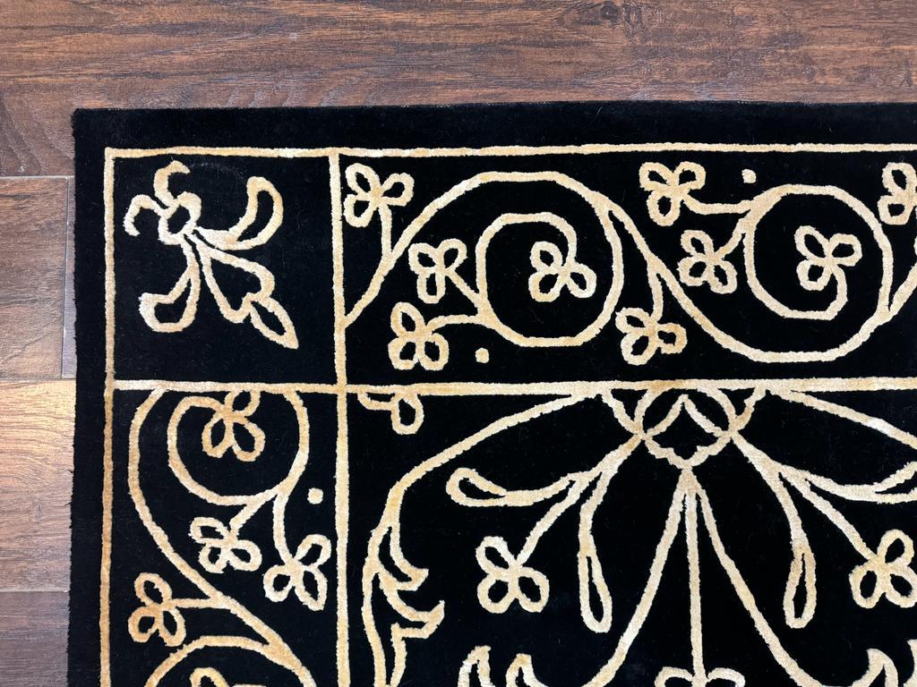 Tibetan Rug 8x10, Wool and Silk, Raised Pattern, Black and Gold, Floral - Jewel Rugs