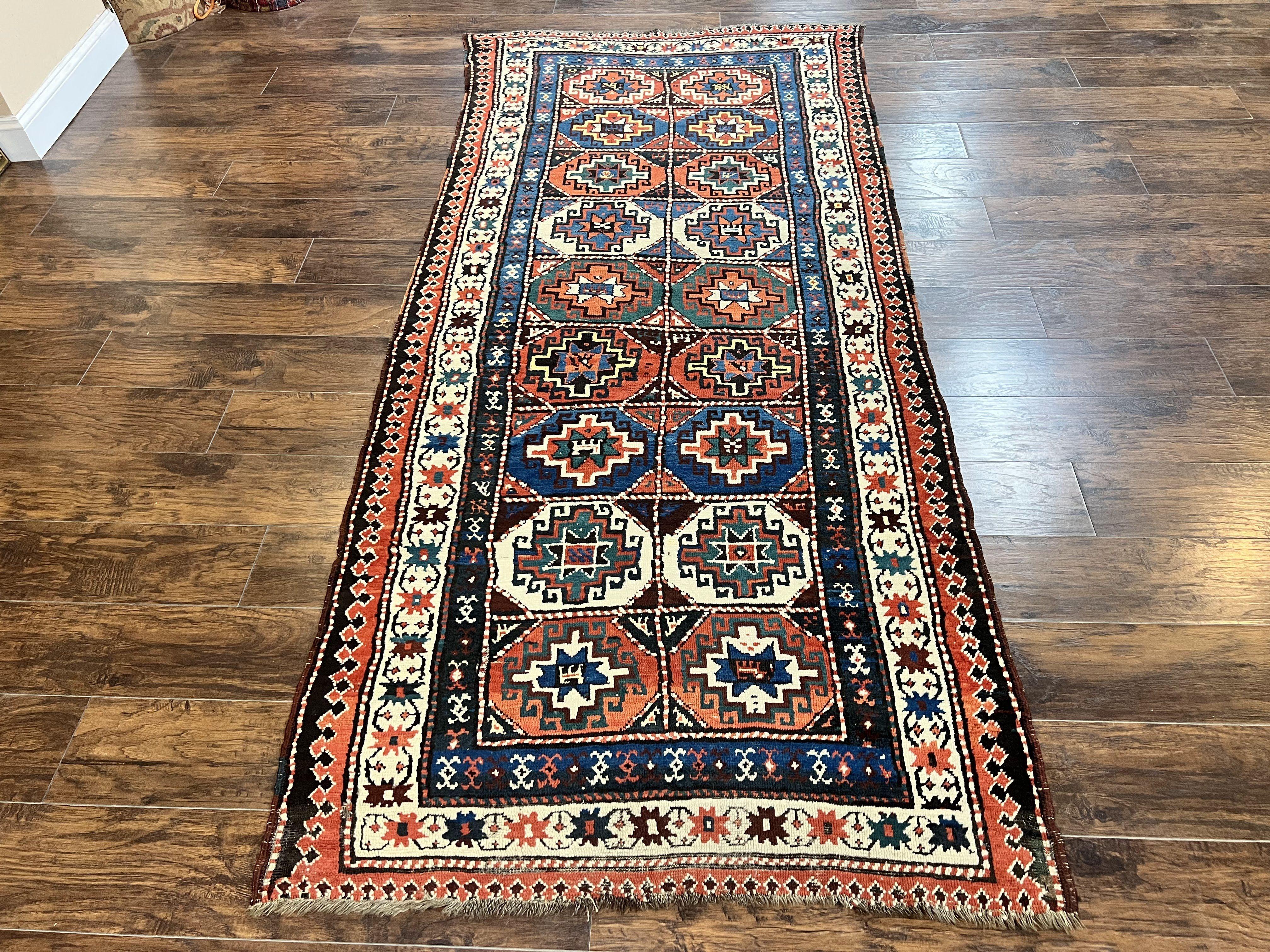 Antique Caucasian Kazak Runner Rug 4 x 9.5, Handmade Wool Rug for Hallway, Rare Colorful Panel Design Mid 19th Century 1870s Oriental Carpet - Jewel Rugs