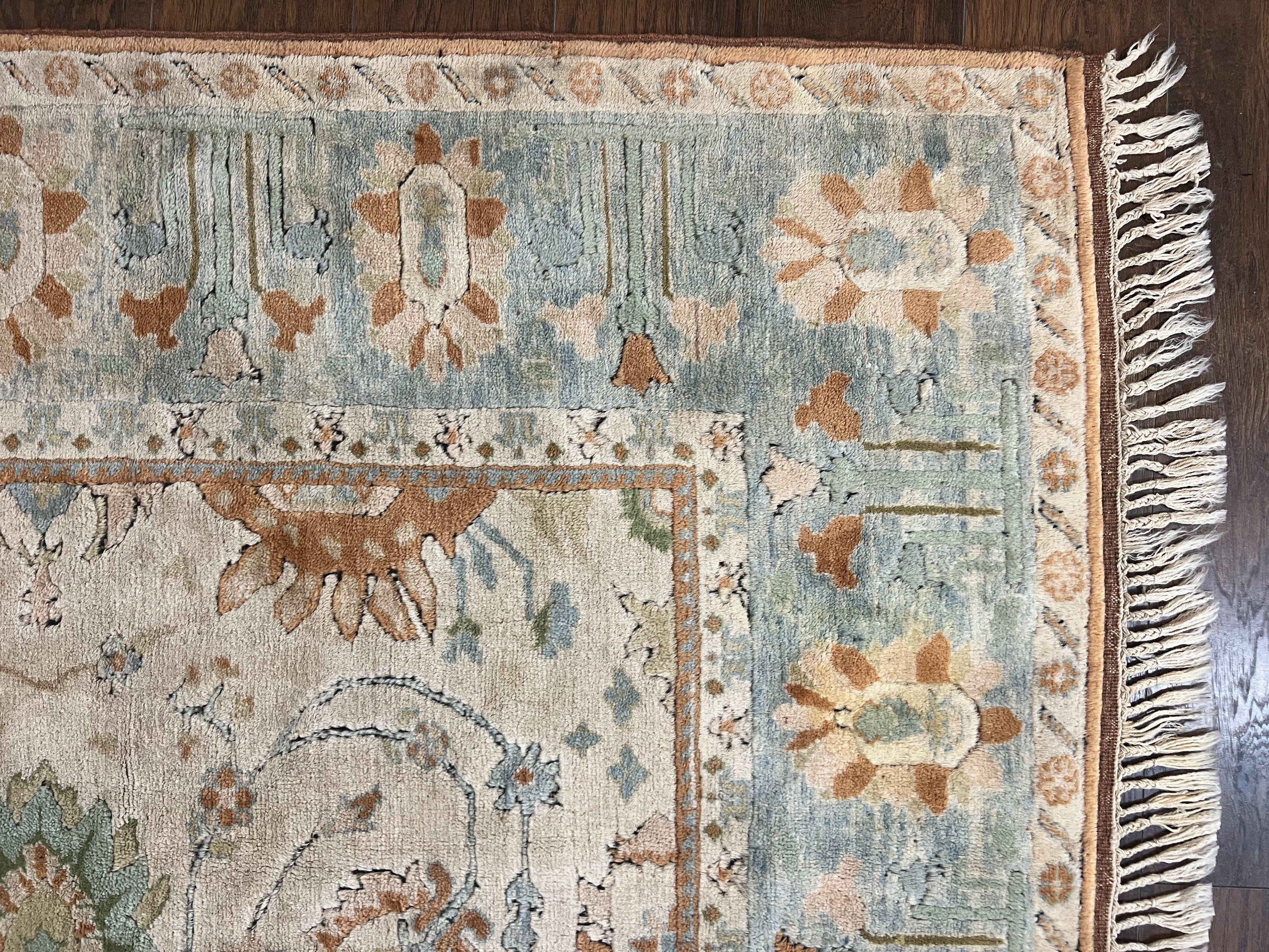 Turkish Oushak Rug 9x10, Neutral Colors, Wool Hand Knotted Vintage Handmade Oriental Carpet, Floral Allover, Farmhouse Rug, Beige Light Blue - Jewel Rugs