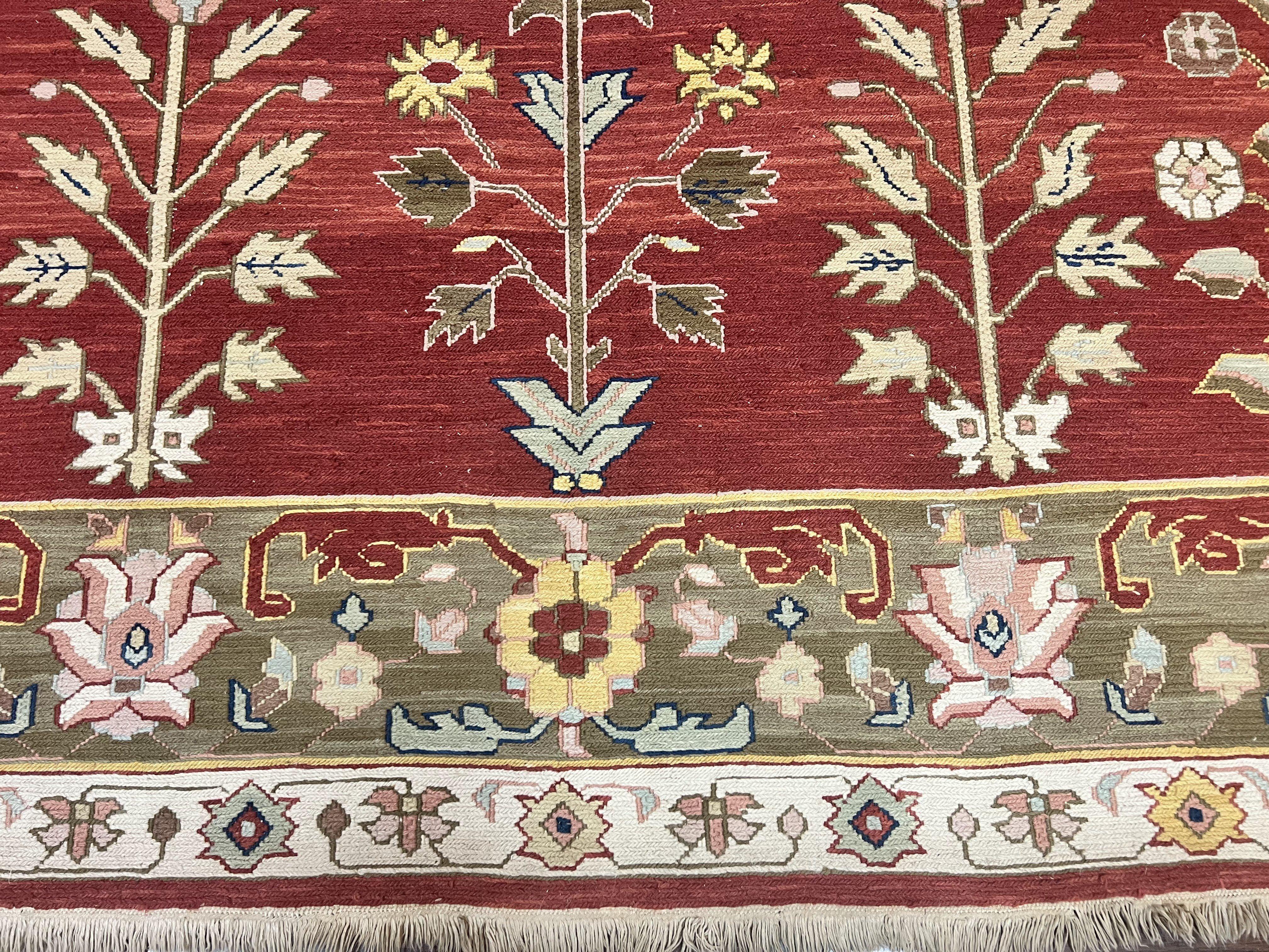 Indian Rug 10x14, Wool Hand Knotted Flatweave Carpet, Tree of Life, Red and Green - Jewel Rugs
