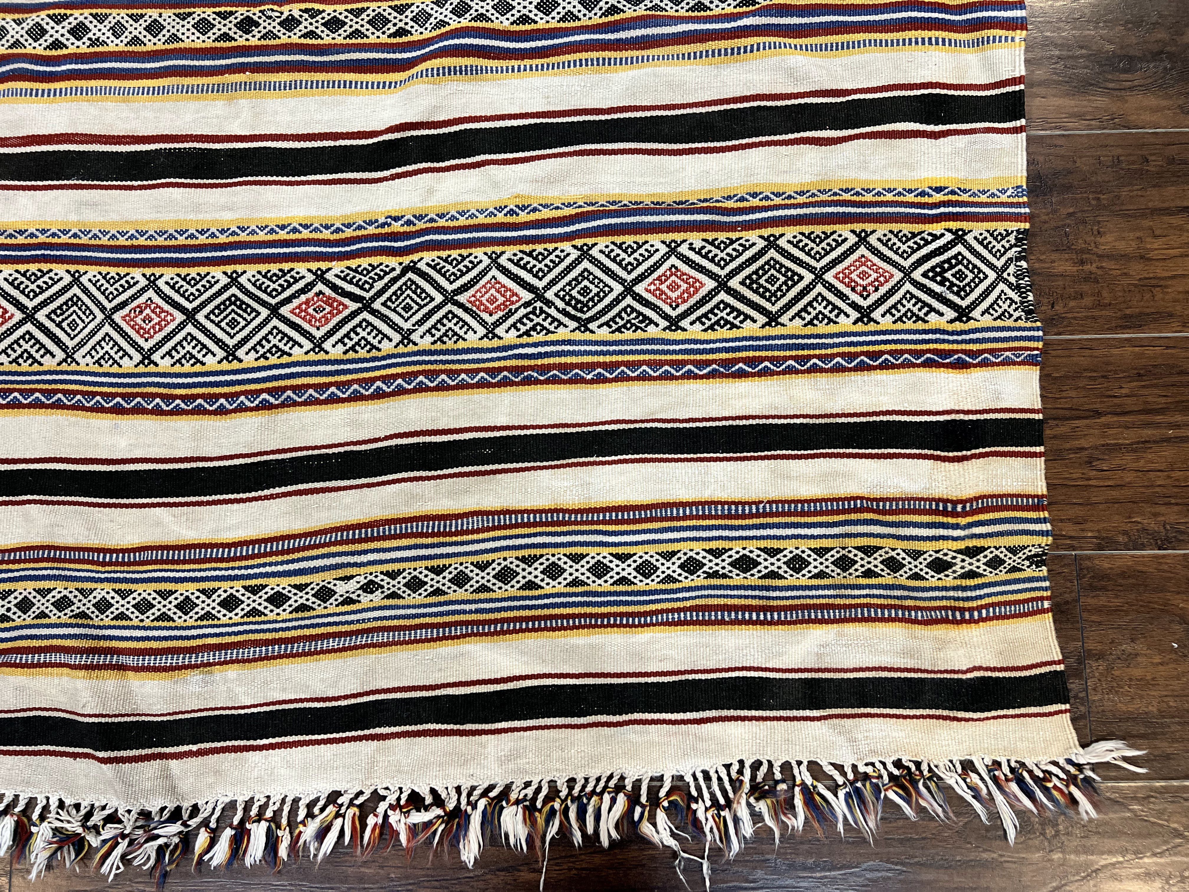 South American Kilim Rug 4x7 ft, Wool Handmade Vintage Carpet, Ivory Black Multicolor Stripes, Bohemian Blanket Rug, Flatweave Area Rug - Jewel Rugs