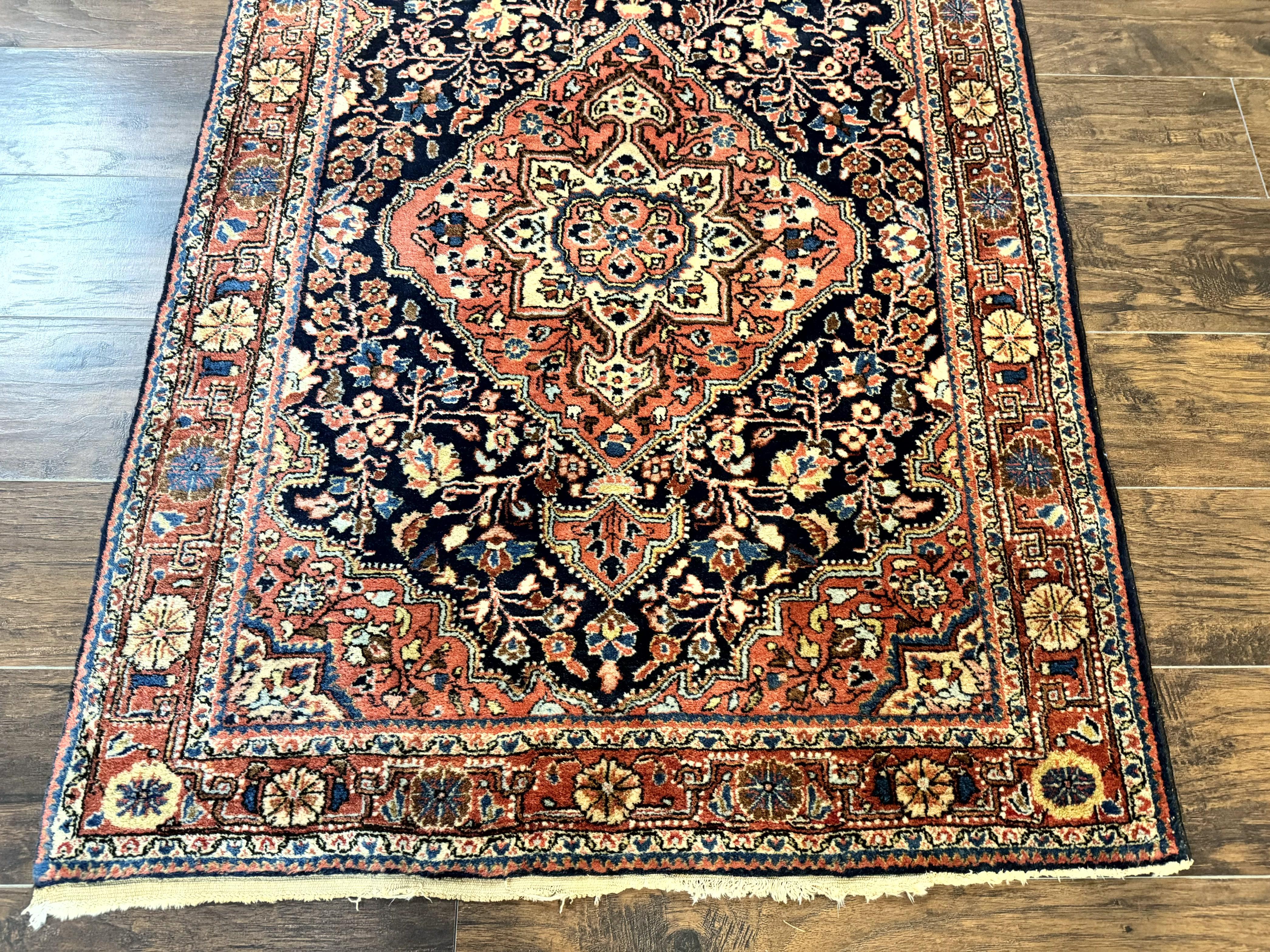 Persian Sarouk Rug 3.6 x 5, Medallion Rug, Red and Midnight Blue, Handmade Semi Antique Vintage Wool Carpet - Jewel Rugs