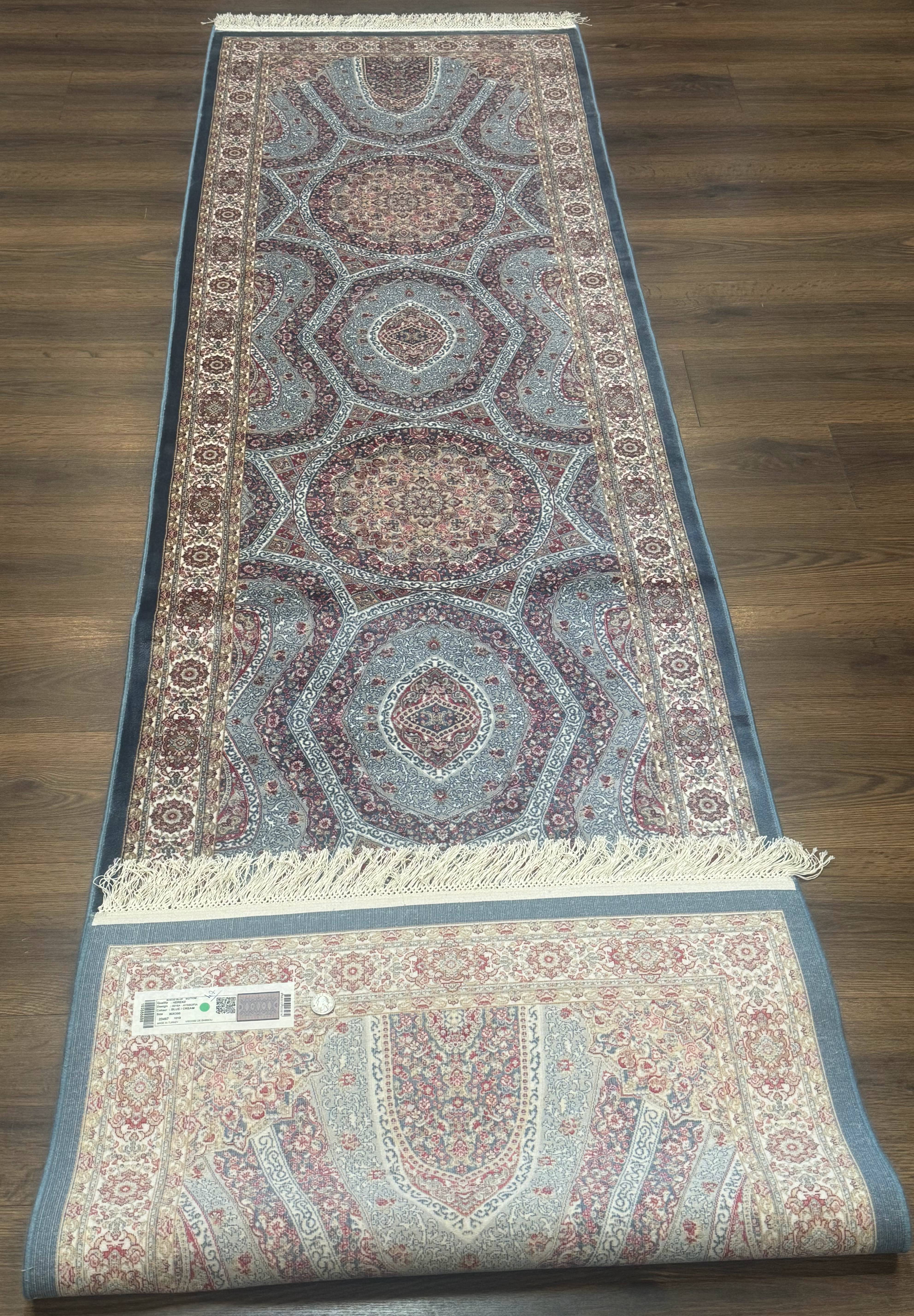 Turkish Silk Runner Rug 2.6 x 10, Light Blue Carpet, Bamboo Silk, New - Jewel Rugs