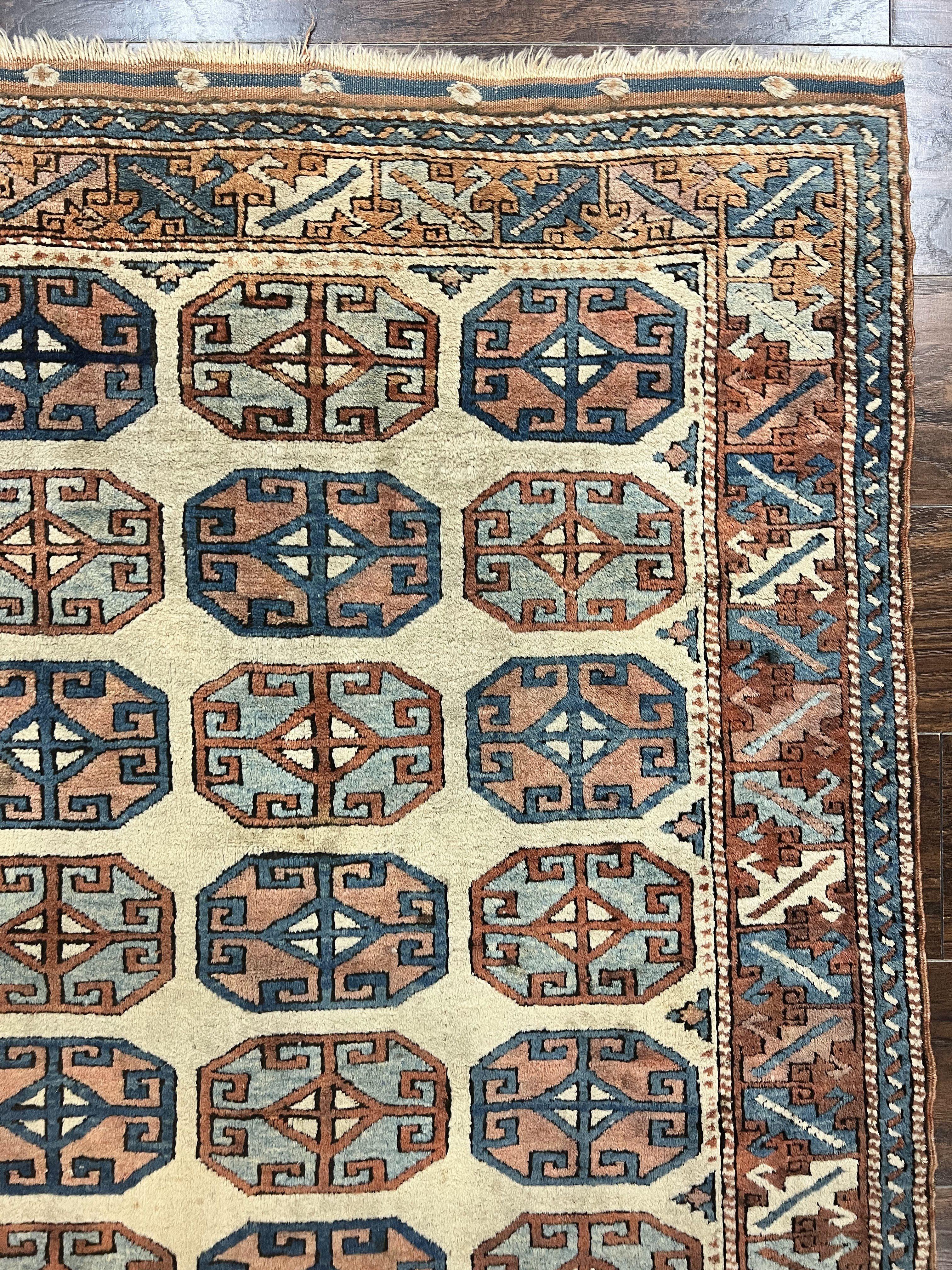 Turkish Kazak Rug 3x4, Wool Hand Knotted Handmade Vintage Carpet, Geometric Tribal Repeated Motif, Small 3 x 4 Antique Rug, Cream Red - Jewel Rugs