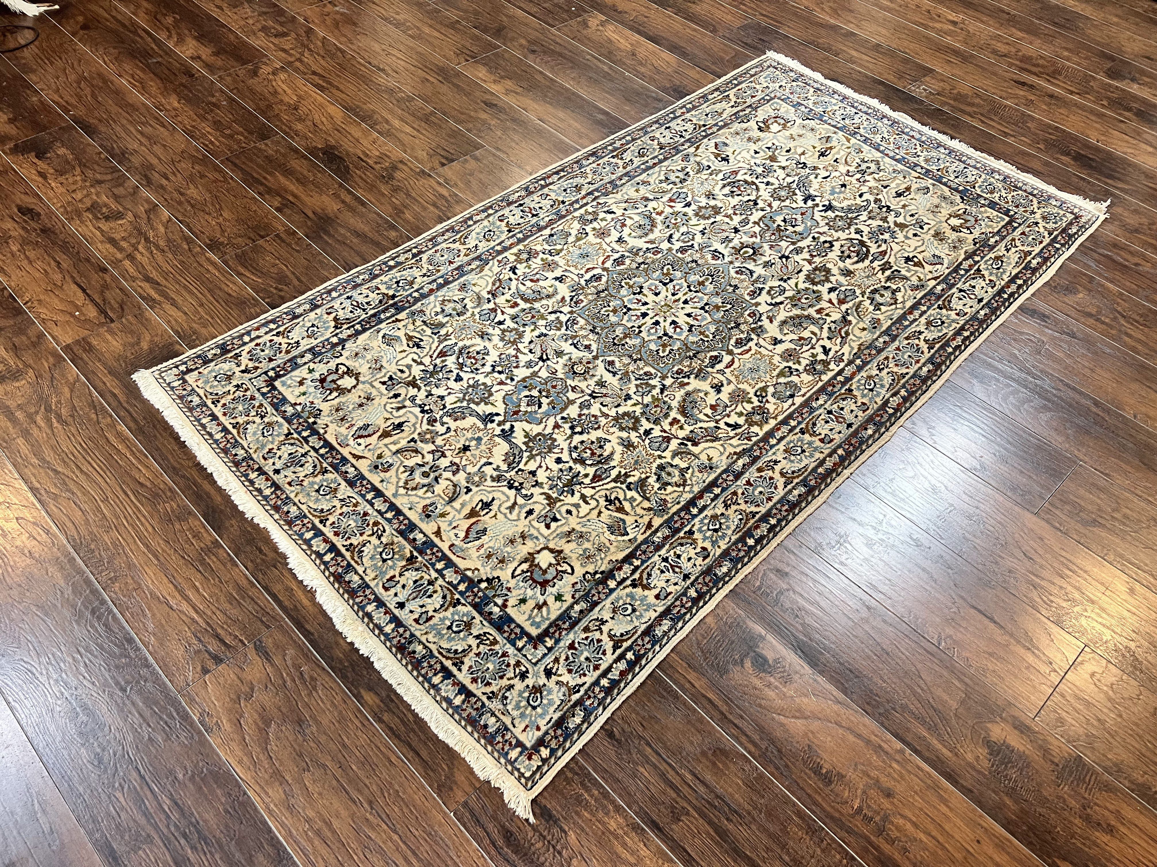 Persian Nain Rug 4x7, Floral Medallion Oriental Carpet 4 x 7 ft, Ivory Persian Rug, Handmade Hand Knotted Vintage, Wool & Silk Highlights, Birds - Jewel Rugs