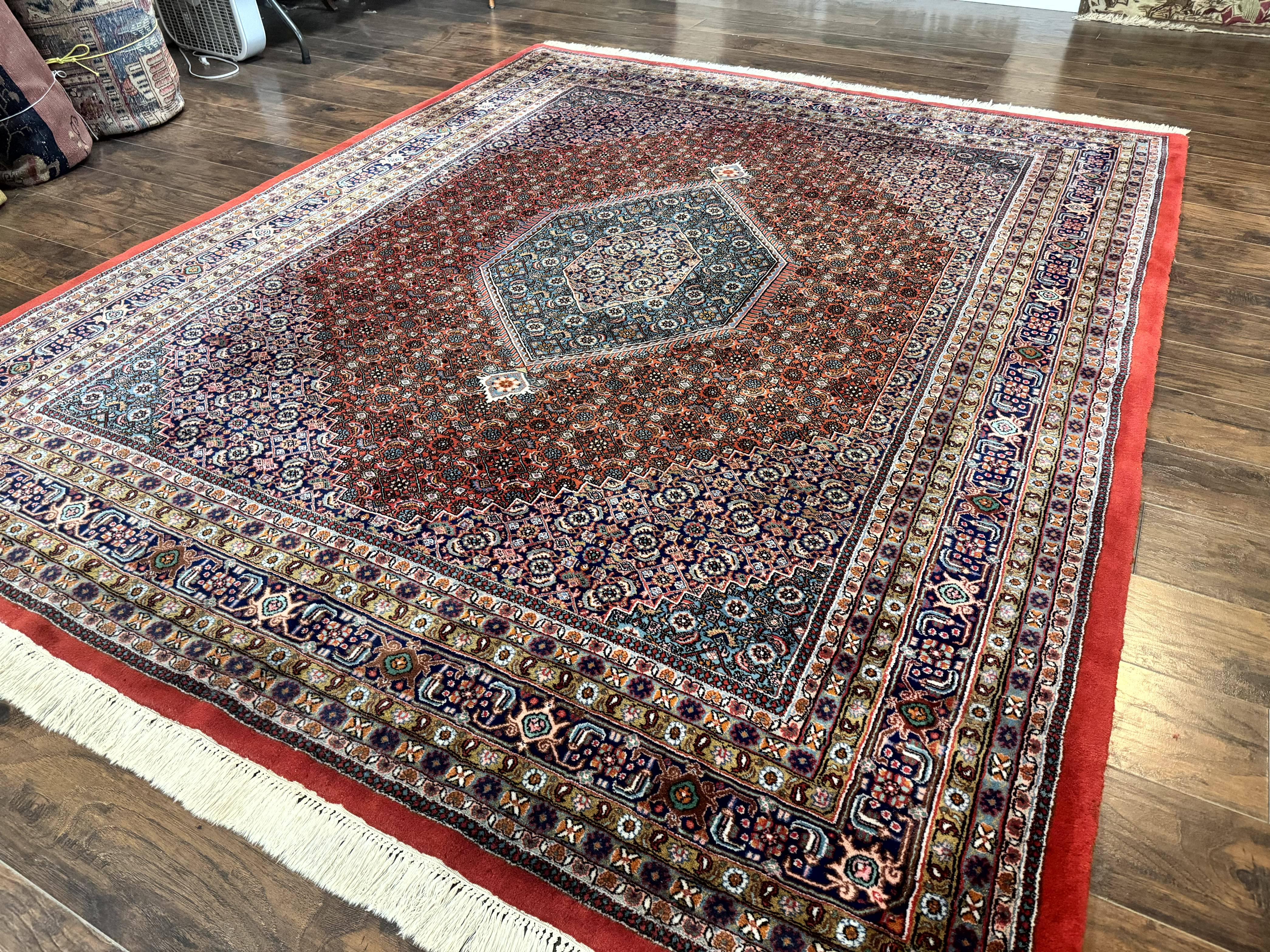 Indo Persian Bidjar Rug 8x10, Red Navy Blue, Herati Mahi Pattern, Vintage Handmade Wool Carpet - Jewel Rugs