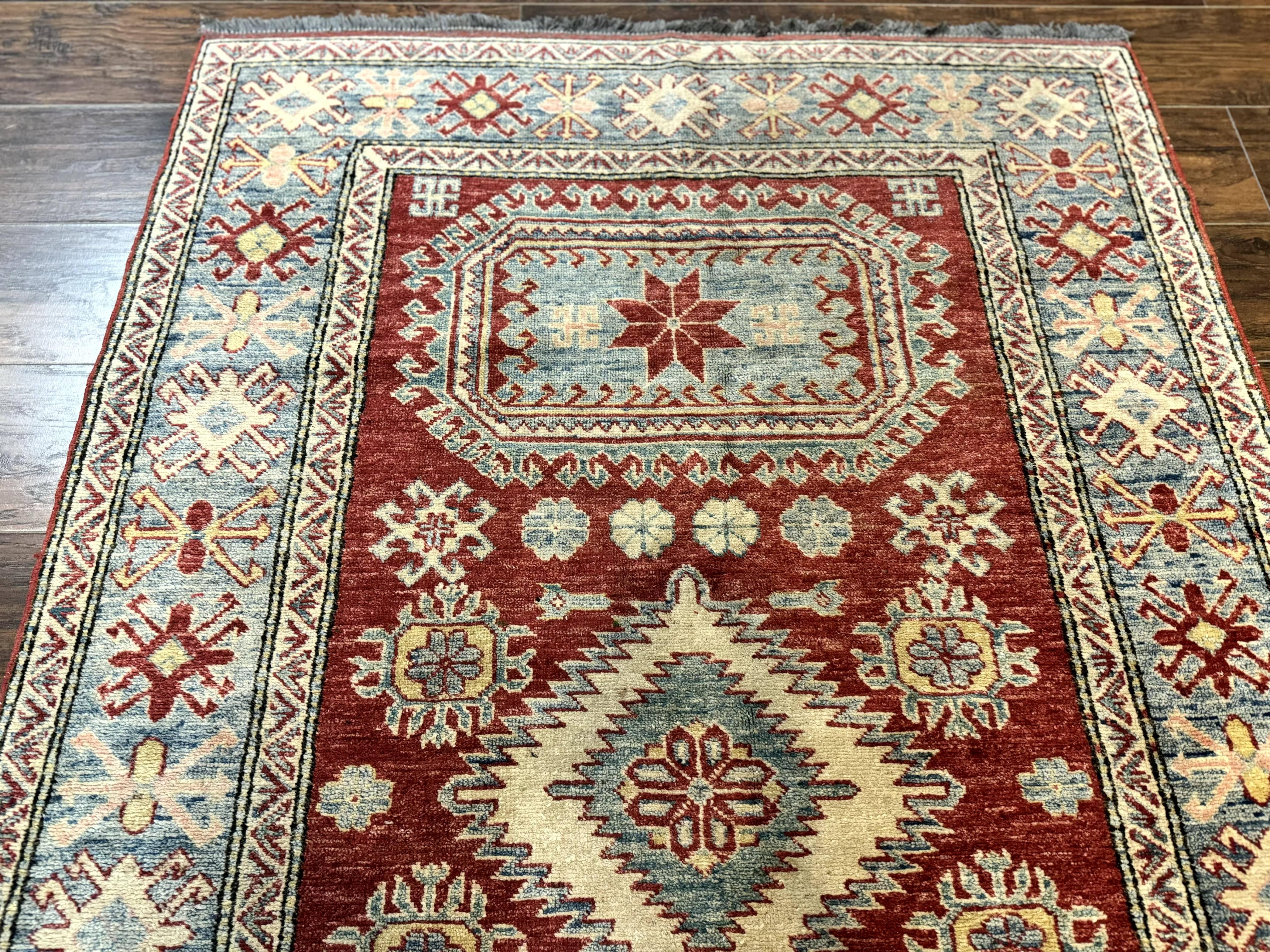 Turkish Kazak Rug 4x6, Handmade Vintage Wool Carpet, Geometric Design, Red and Light Blue - Jewel Rugs