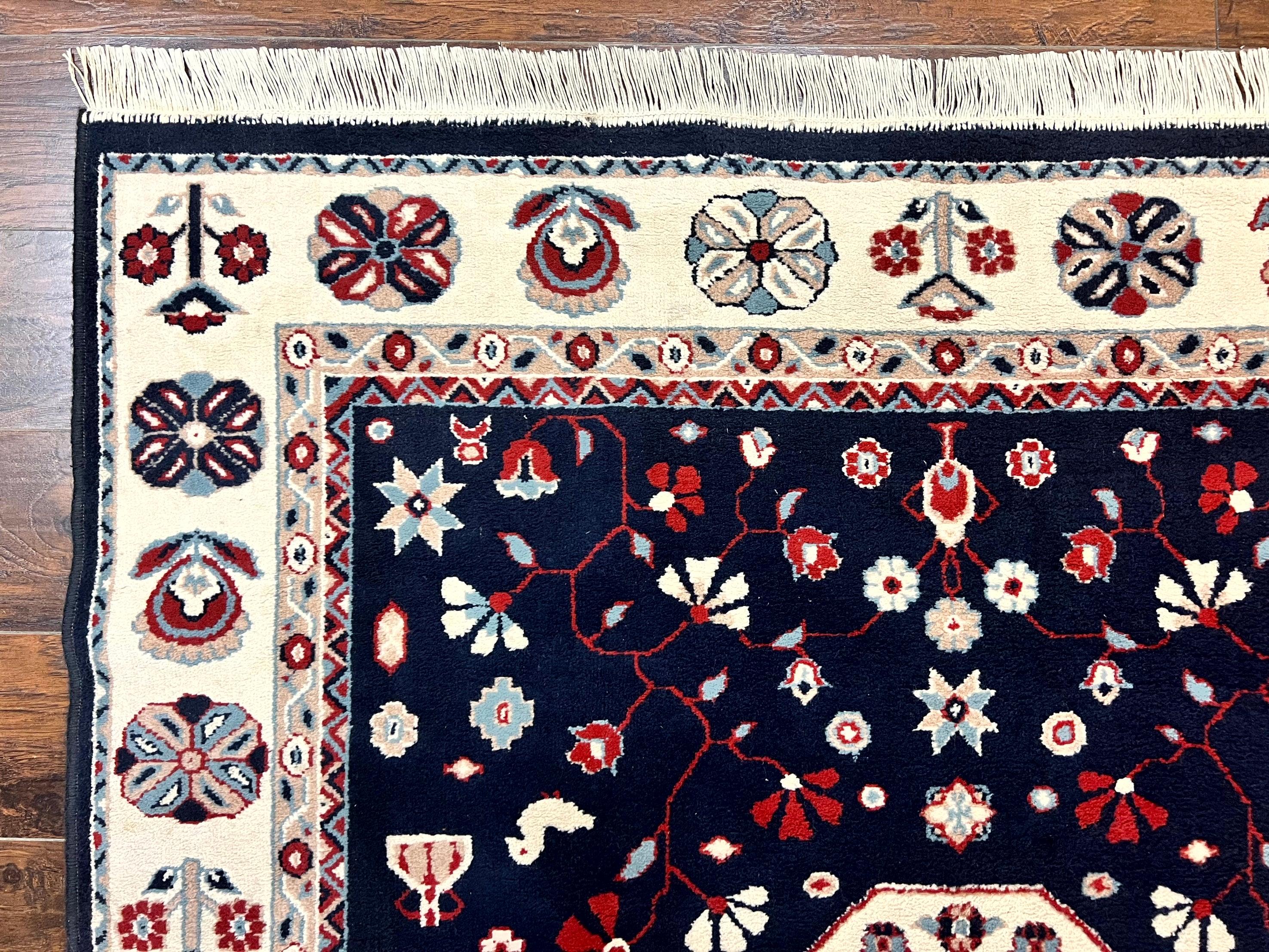 Belgium Power Loomed Rug 5.6 x 7, Navy Blue and Ivory, Heriz Pattern, Vintage Oriental Carpet - Jewel Rugs