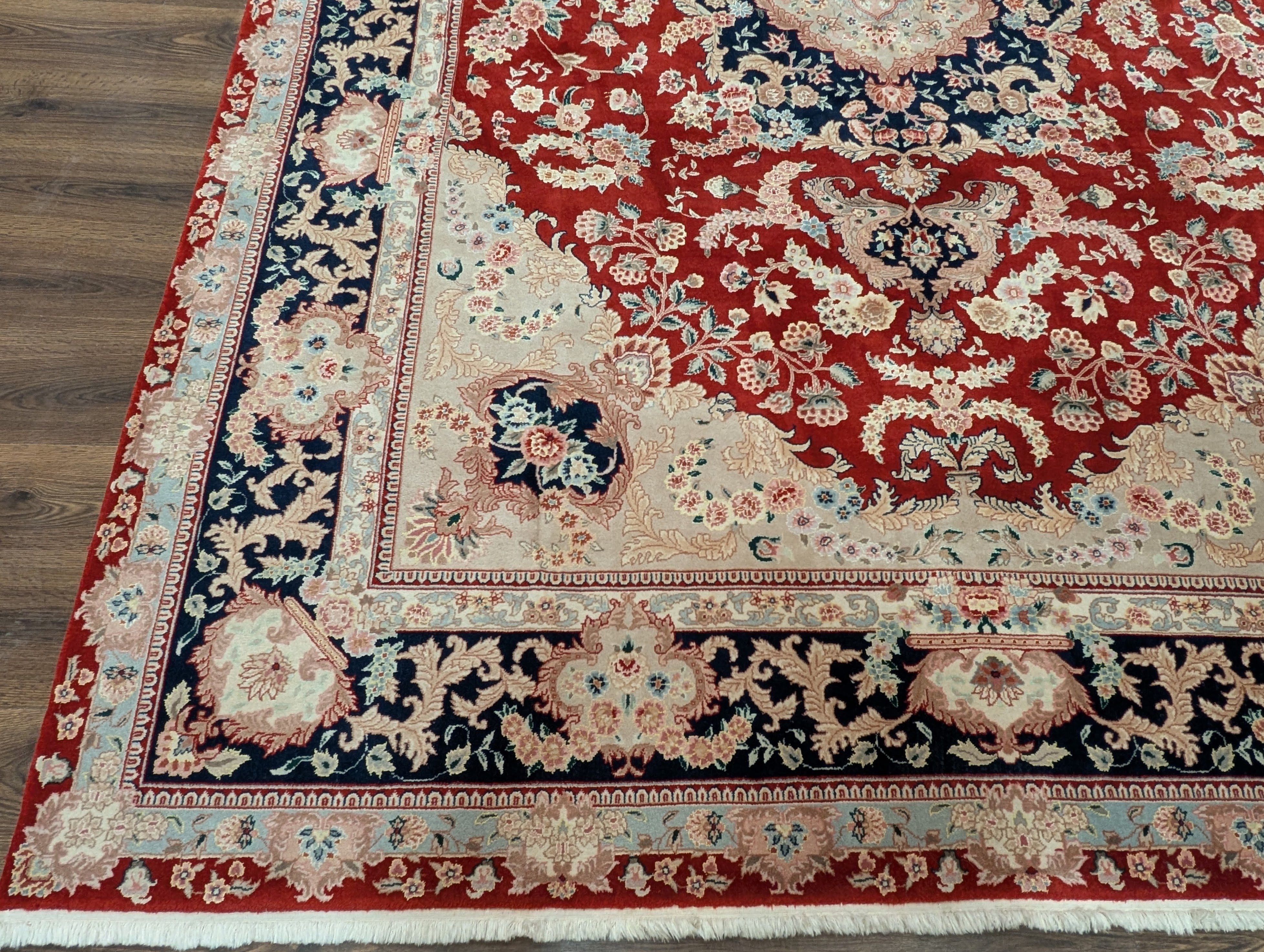 Pak Persian Rug 9x12 – Red and Navy, Wool and Silk, Medallion Oriental Carpet, 225 KPSI - Jewel Rugs