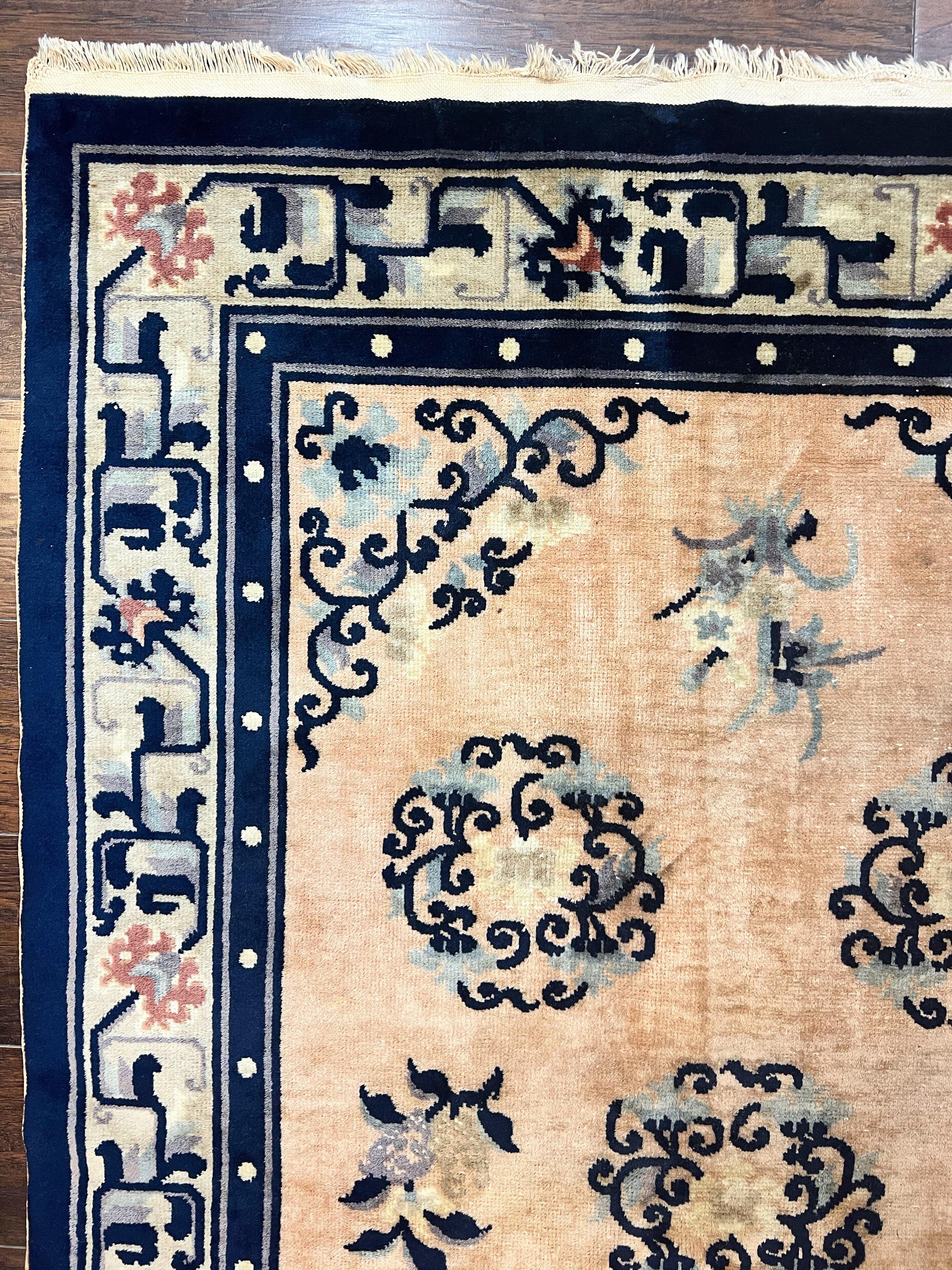 Chinese Peking Rug 4x6, Wool Hand Knotted Handmade Vintage Semi Antique Carpet, Semi Open Field, Light Peach & Navy Blue, Art Deco Rug - Jewel Rugs