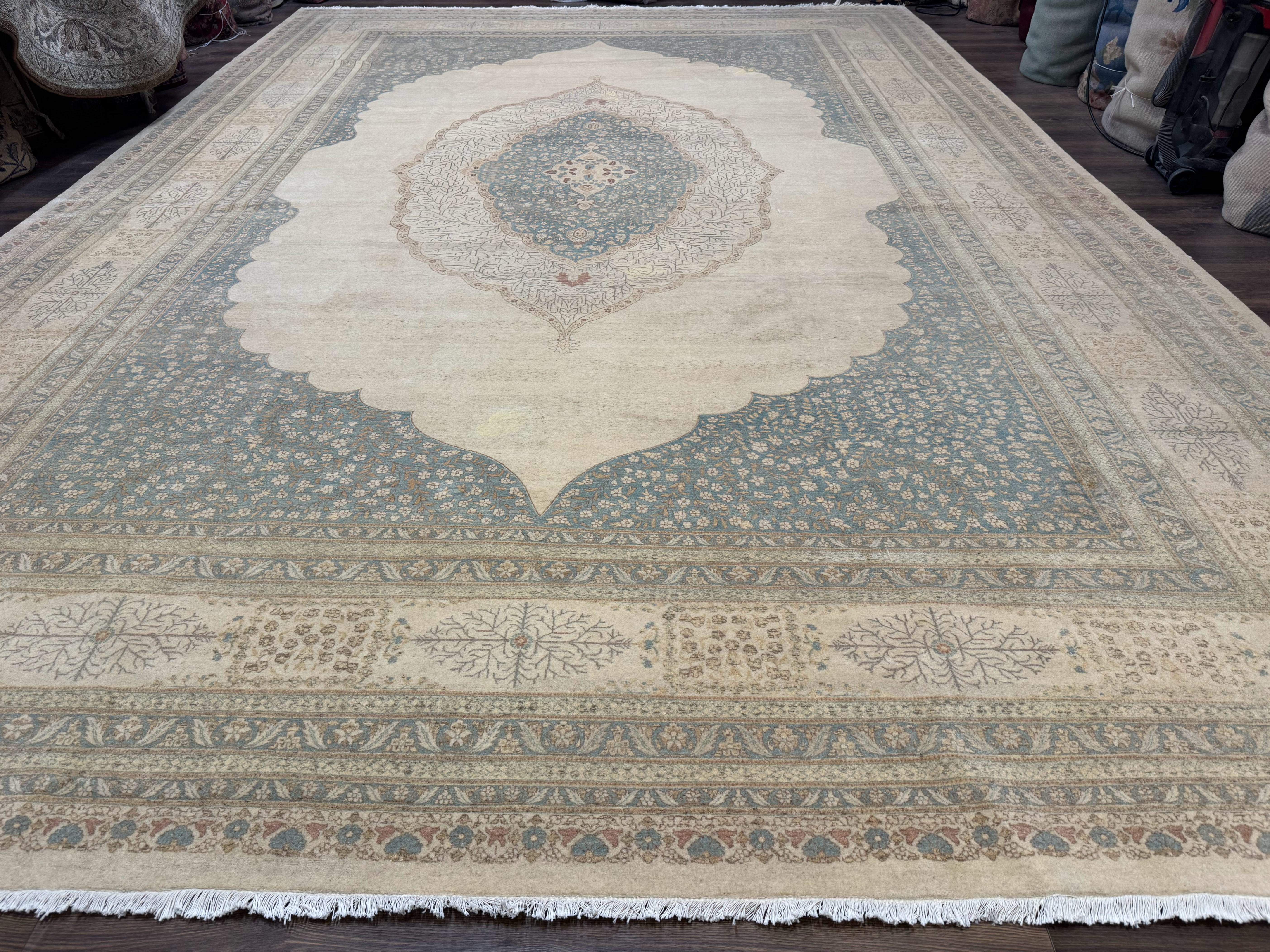 Palace Size Pak Persian Rug 12x18, Haji Jalili Design, Pakistani Carpet, Oat and Light Blue, Fine 260 KPSI - Jewel Rugs