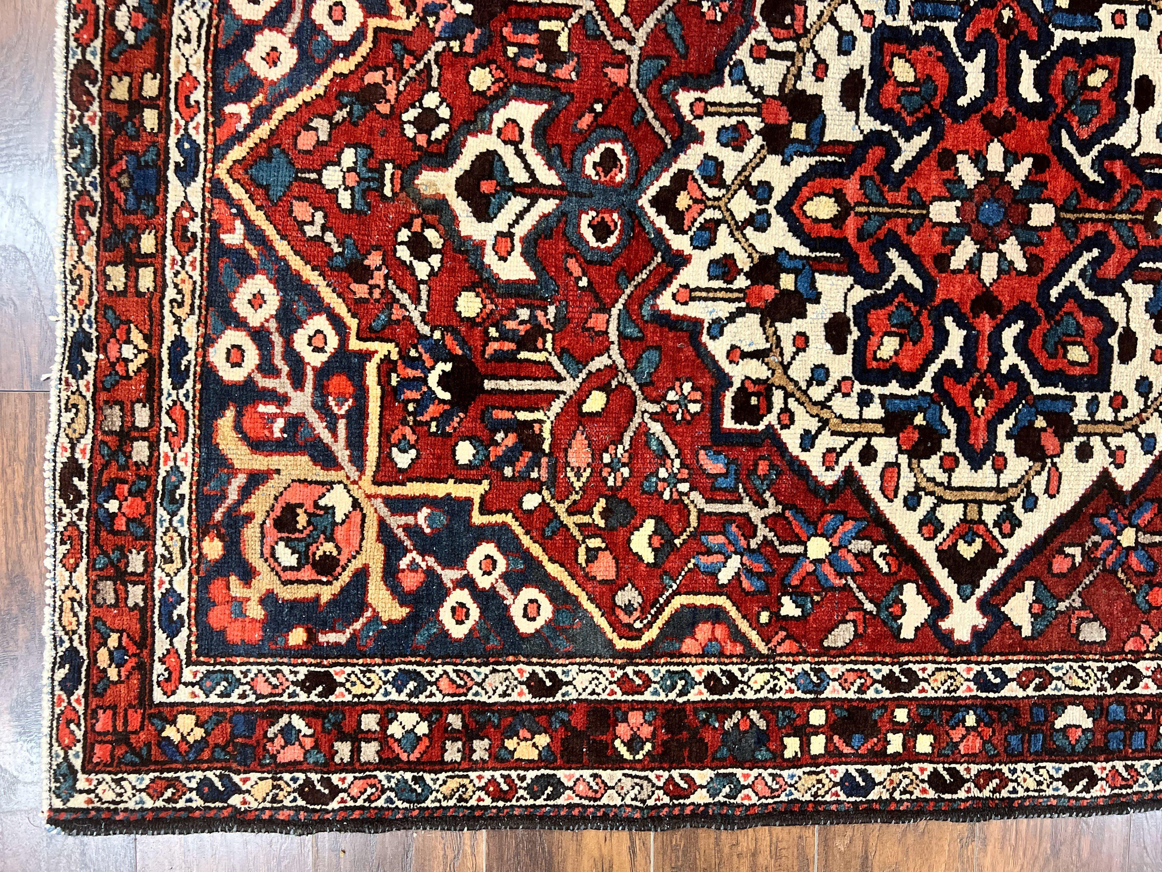 Persian Bakhtiari Rug 5 x 6.6, Tribal Geometric Carpet, Red Ivory, Handmade Wool Medium Sized Oriental Rug, Semi Antique Vintage - Jewel Rugs