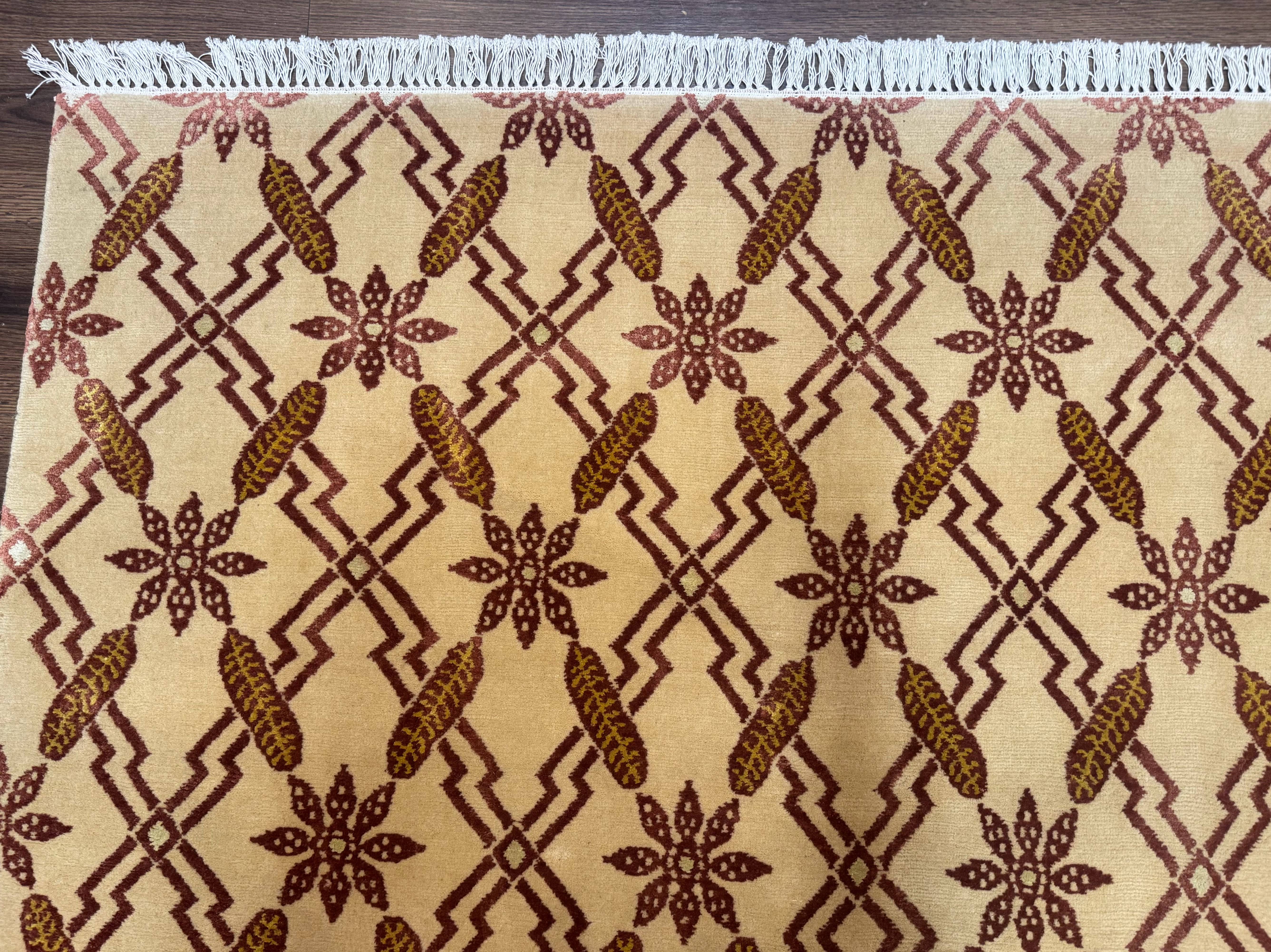 Tibetan Rug 8x10, Wool with Silk Highlights, Beige and Maroon, Contemporary Carpet - Jewel Rugs