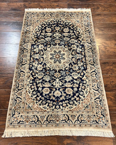 Persian Nain Rug 3x5, Floral Medallion Oriental Carpet, Very Fine Hand Knotted Handmade Wool and Silk Highlights Rug, Vintage Semi Antique