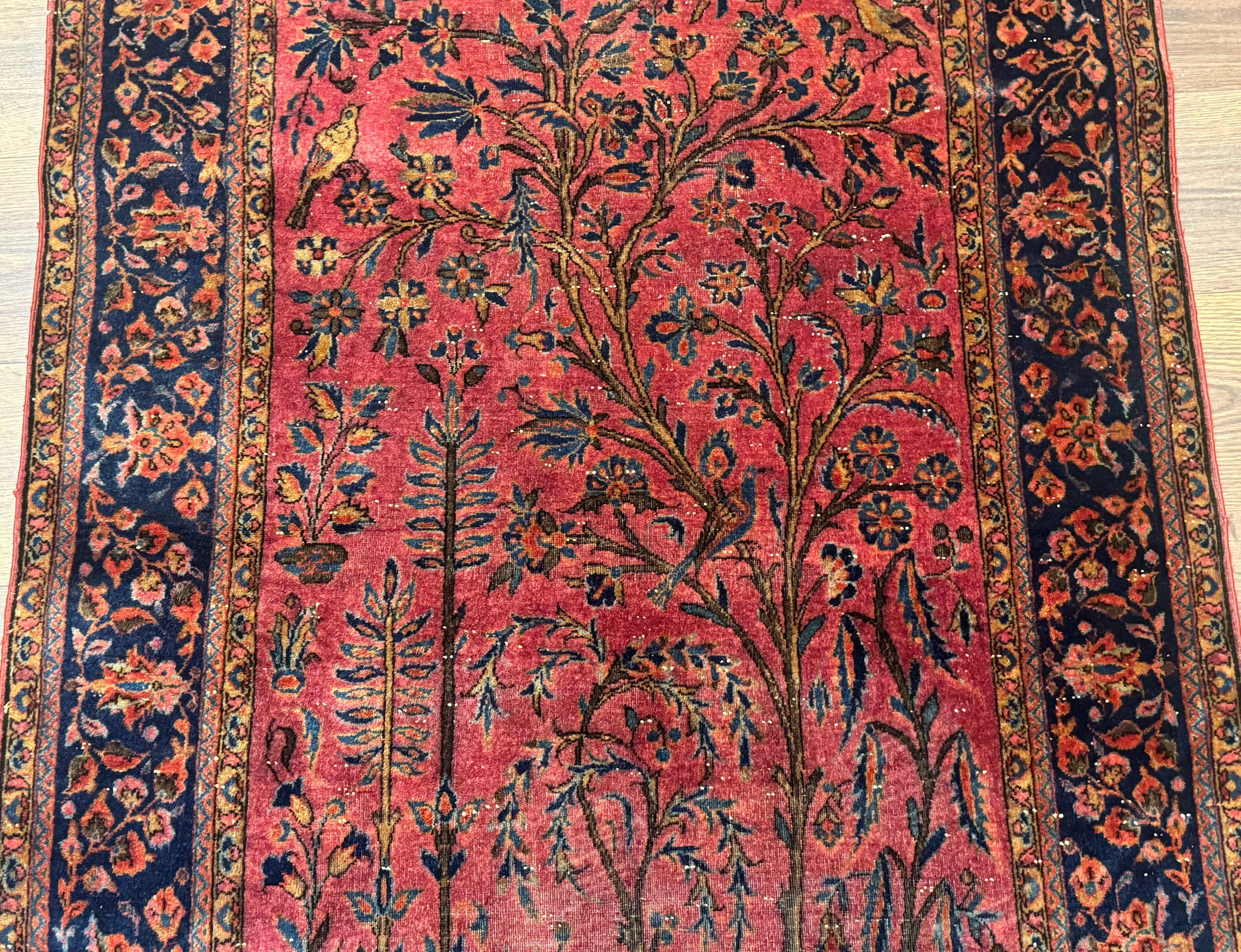 Antique Persian Tree of Life Rug 3x5, Manchester Wool, Bird Pictorials, Fine 240 KPSI, Red Navy Blue - Jewel Rugs