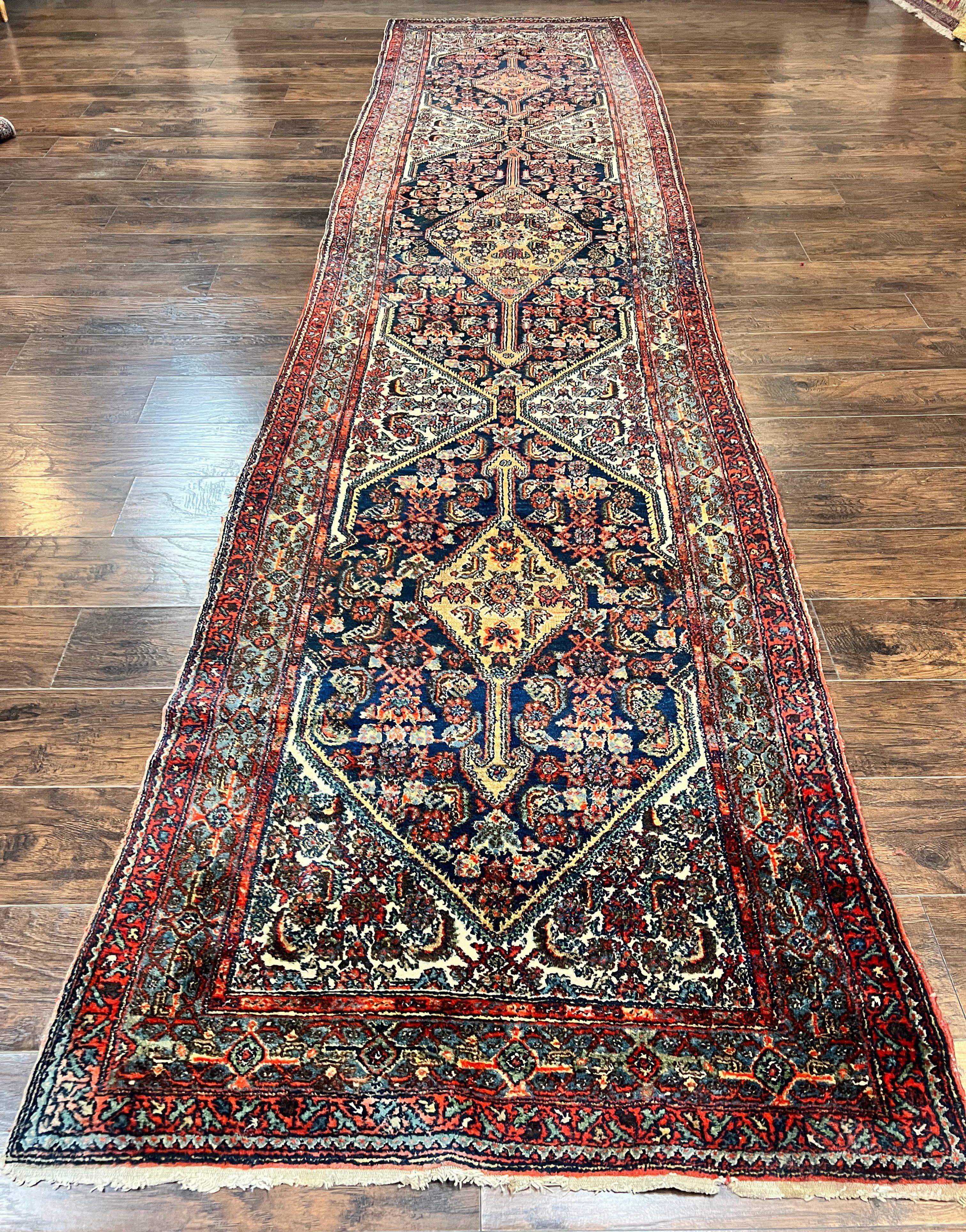 Antique Persian Runner Rug 3.7 x 15.8, Navy Blue Multicolor, Hand Knotted Handmade Wool Rug for Hallway, Geometric Medallions, Persian Hamadan Rug - Jewel Rugs