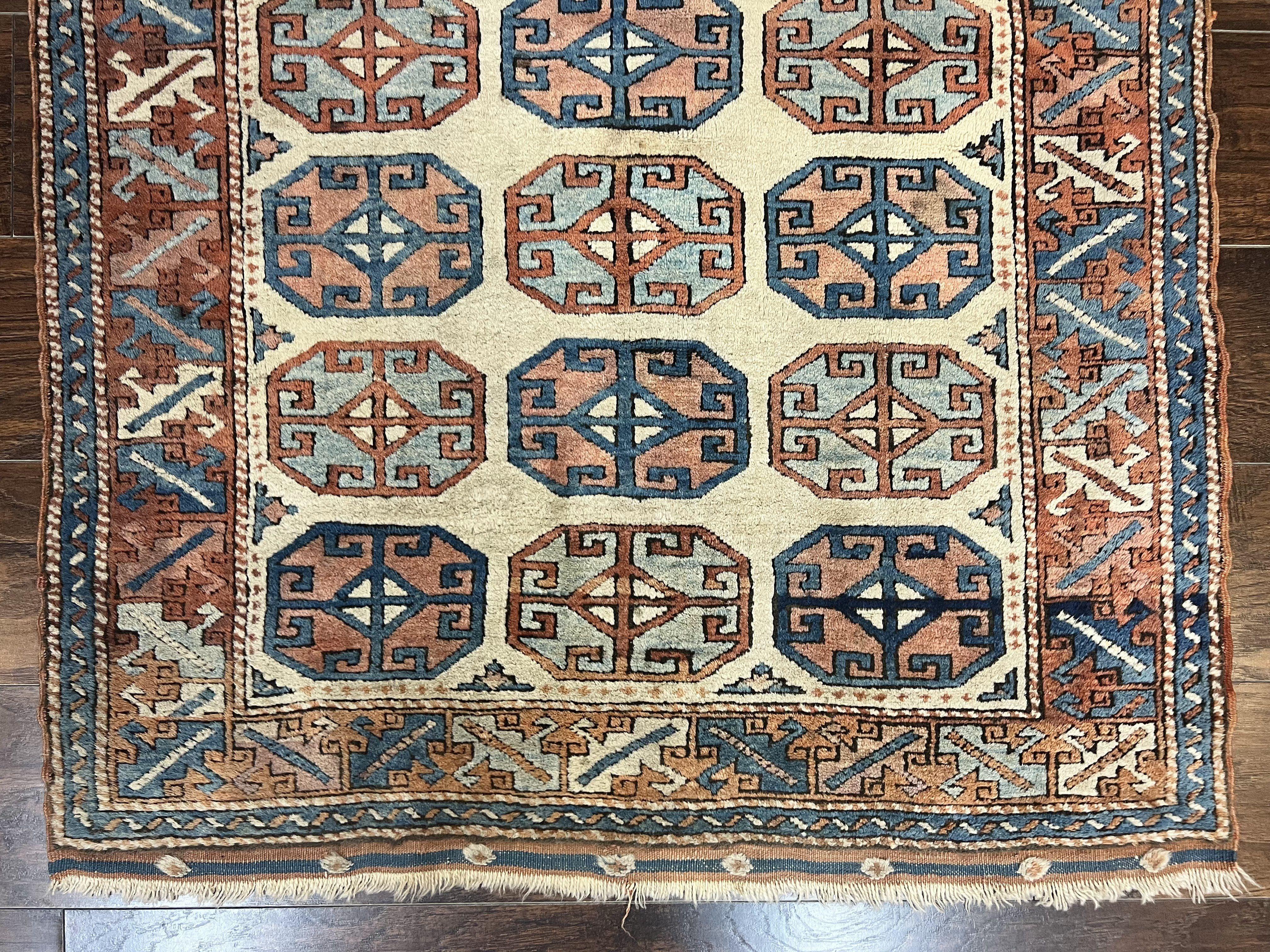 Turkish Kazak Rug 3x4, Wool Hand Knotted Handmade Vintage Carpet, Geometric Tribal Repeated Motif, Small 3 x 4 Antique Rug, Cream Red - Jewel Rugs