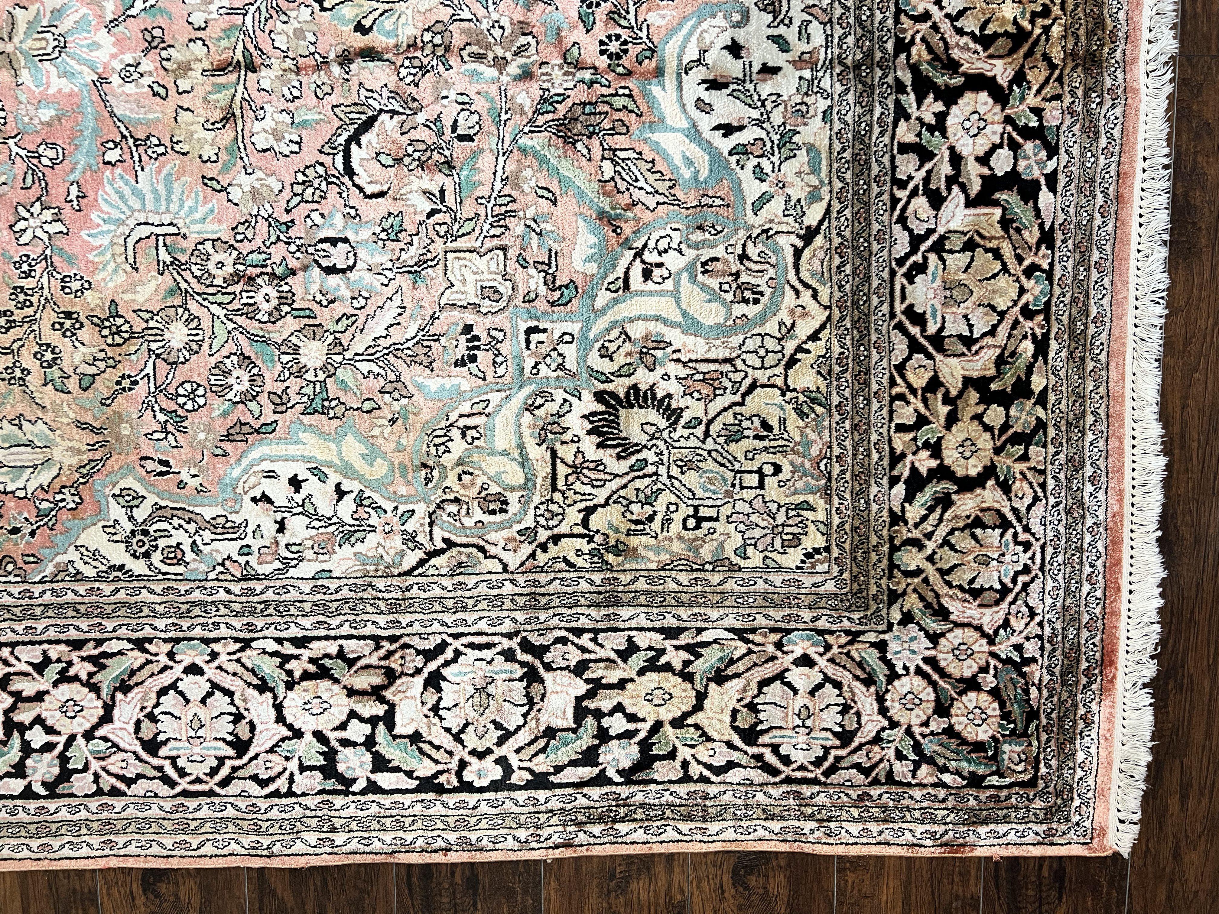Indian Kashmiri Silk Rug 9x12, Vintage Rug 9 x 12 ft, Salmon Ivory Black Hand-Knotted Silk on Cotton Oriental Floral Carpet, Traditional Rug - Jewel Rugs