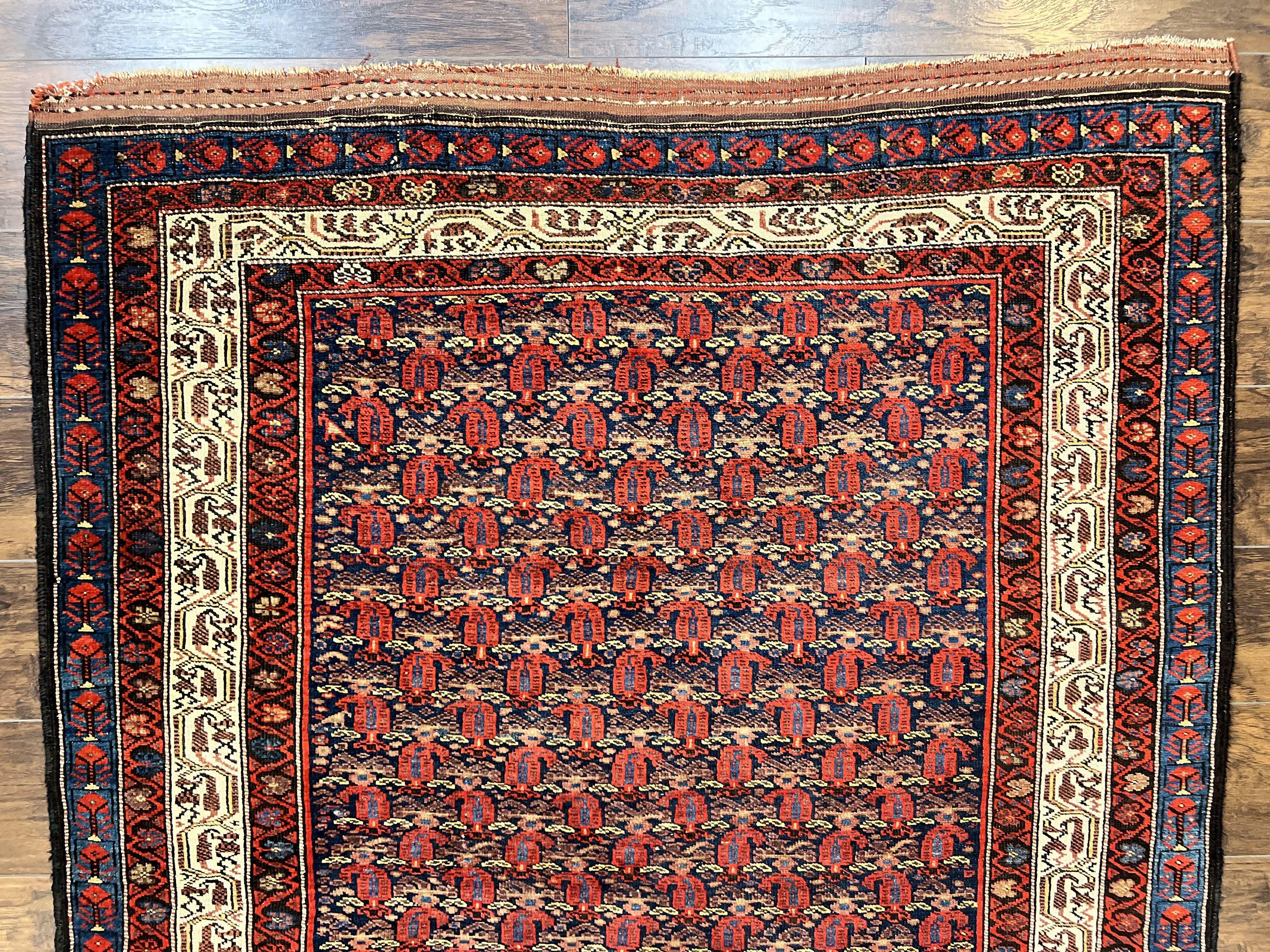 Persian Kurdish Rug 5x6, Wool Hand Knotted Vintage Carpet, Red Blue Cream, Boteh Paisley Pattern, 5 x 6 Medium Sized Oriental Rug - Jewel Rugs