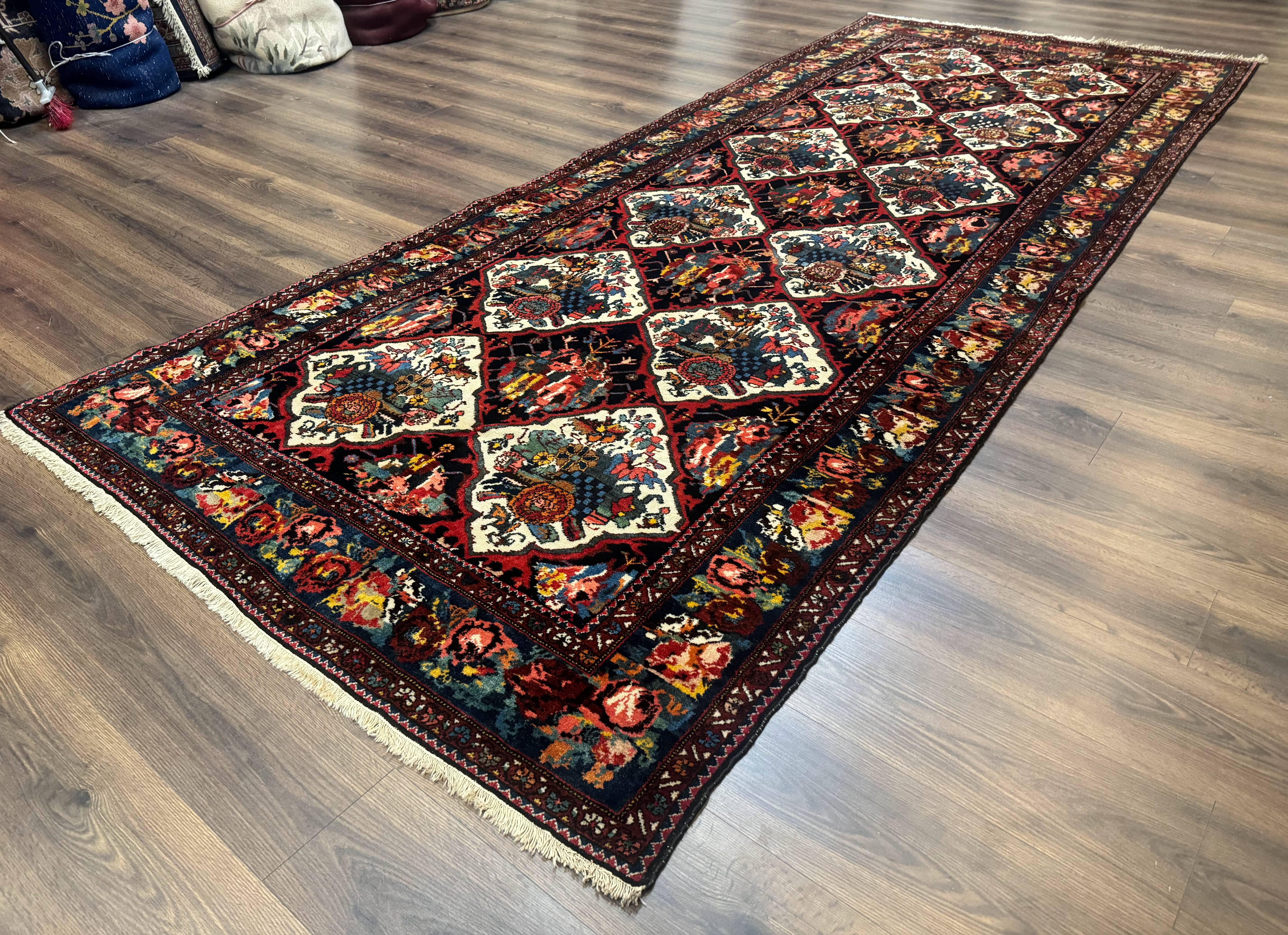 Persian Bakhtiari Rug 5x12, Wide Runner Rug, Unique Size, Multicolor Panel Design, Navy Blue Ivory, Antique Persian Rug, Colorful - Jewel Rugs
