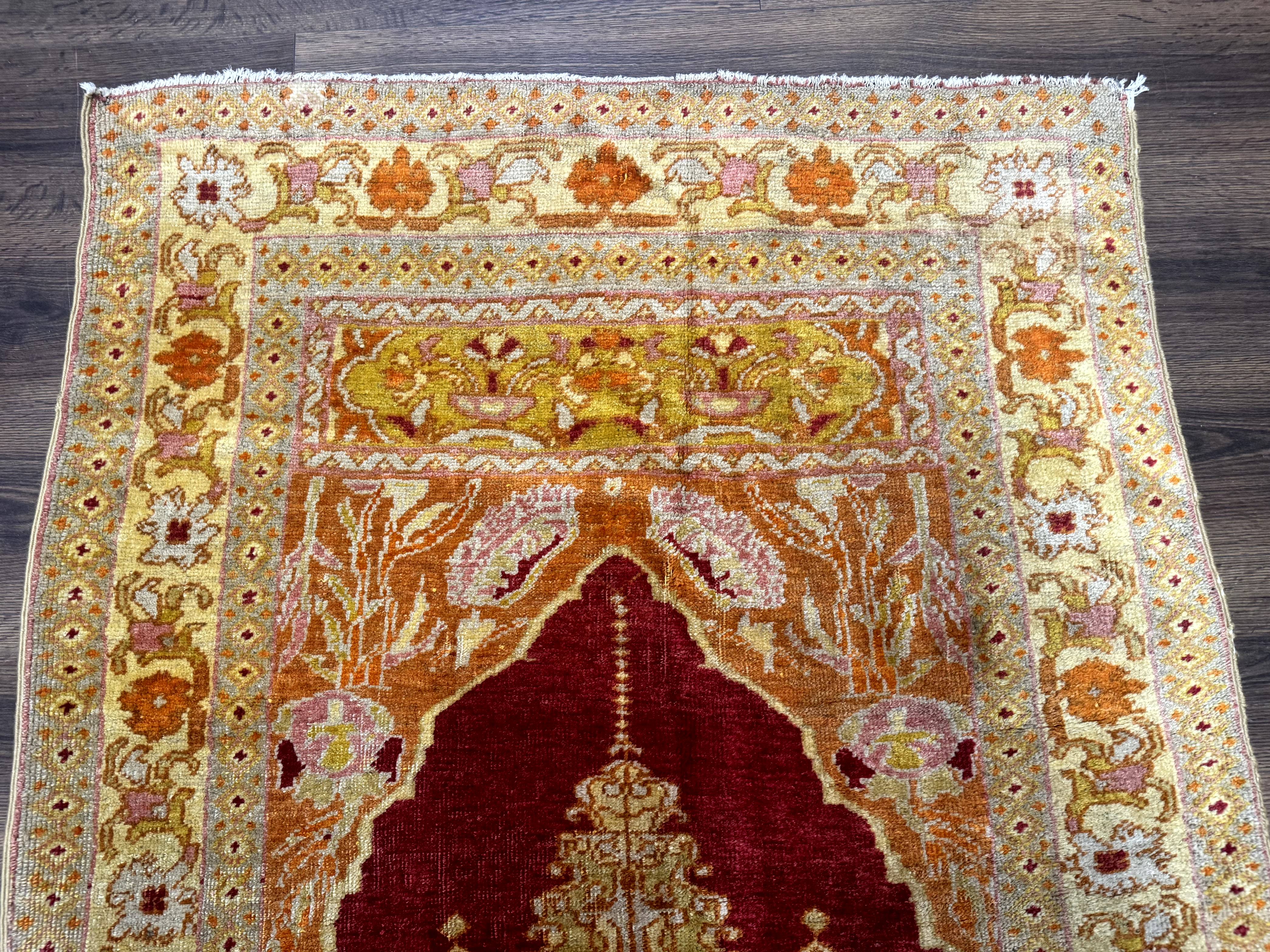 Antique Turkish Prayer Rug 4x6, Red and Golden Mustard, Mihrab Design, Anatolian Carpet - Jewel Rugs