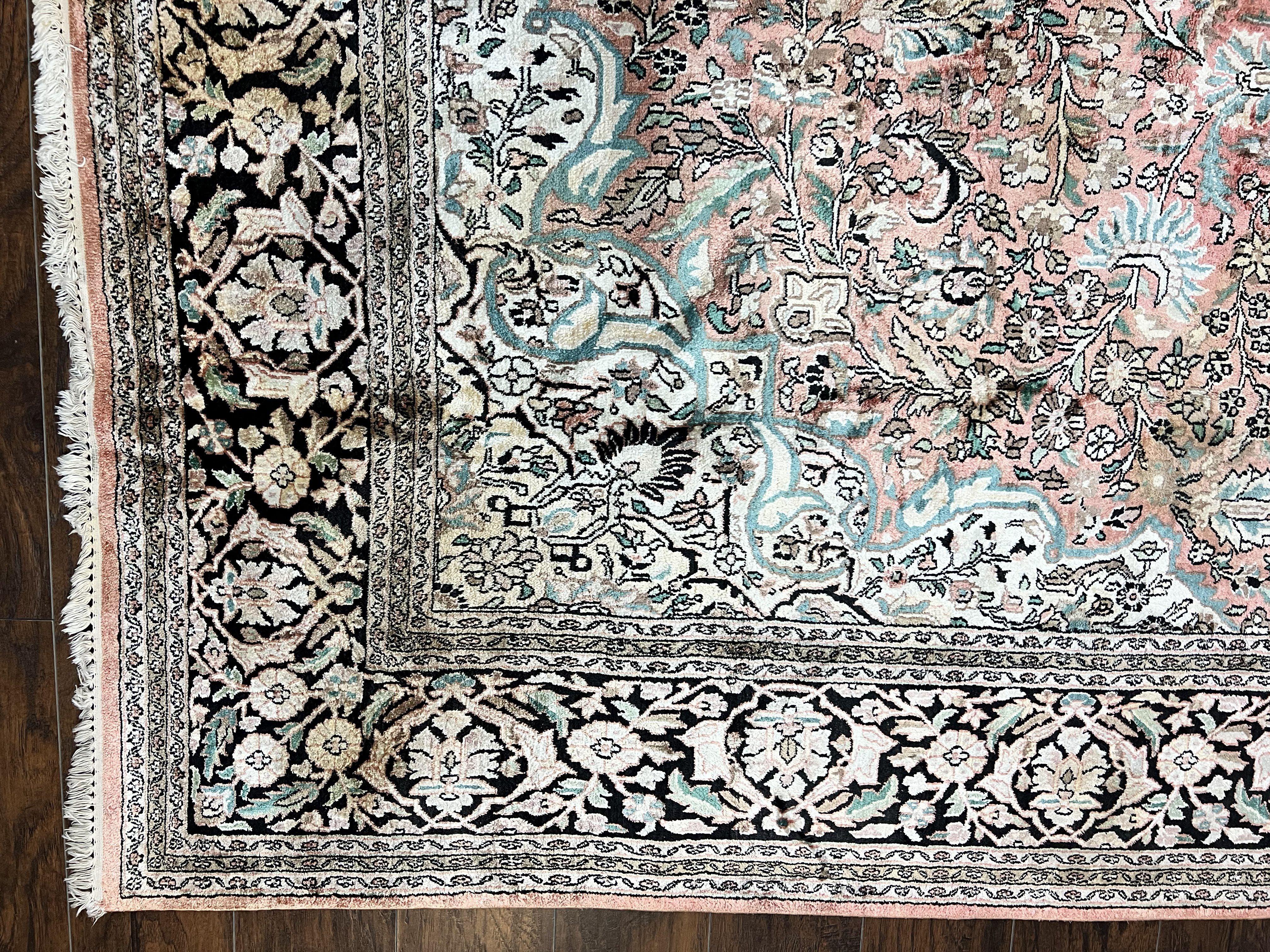 Indian Kashmiri Silk Rug 9x12, Vintage Rug 9 x 12 ft, Salmon Ivory Black Hand-Knotted Silk on Cotton Oriental Floral Carpet, Traditional Rug - Jewel Rugs