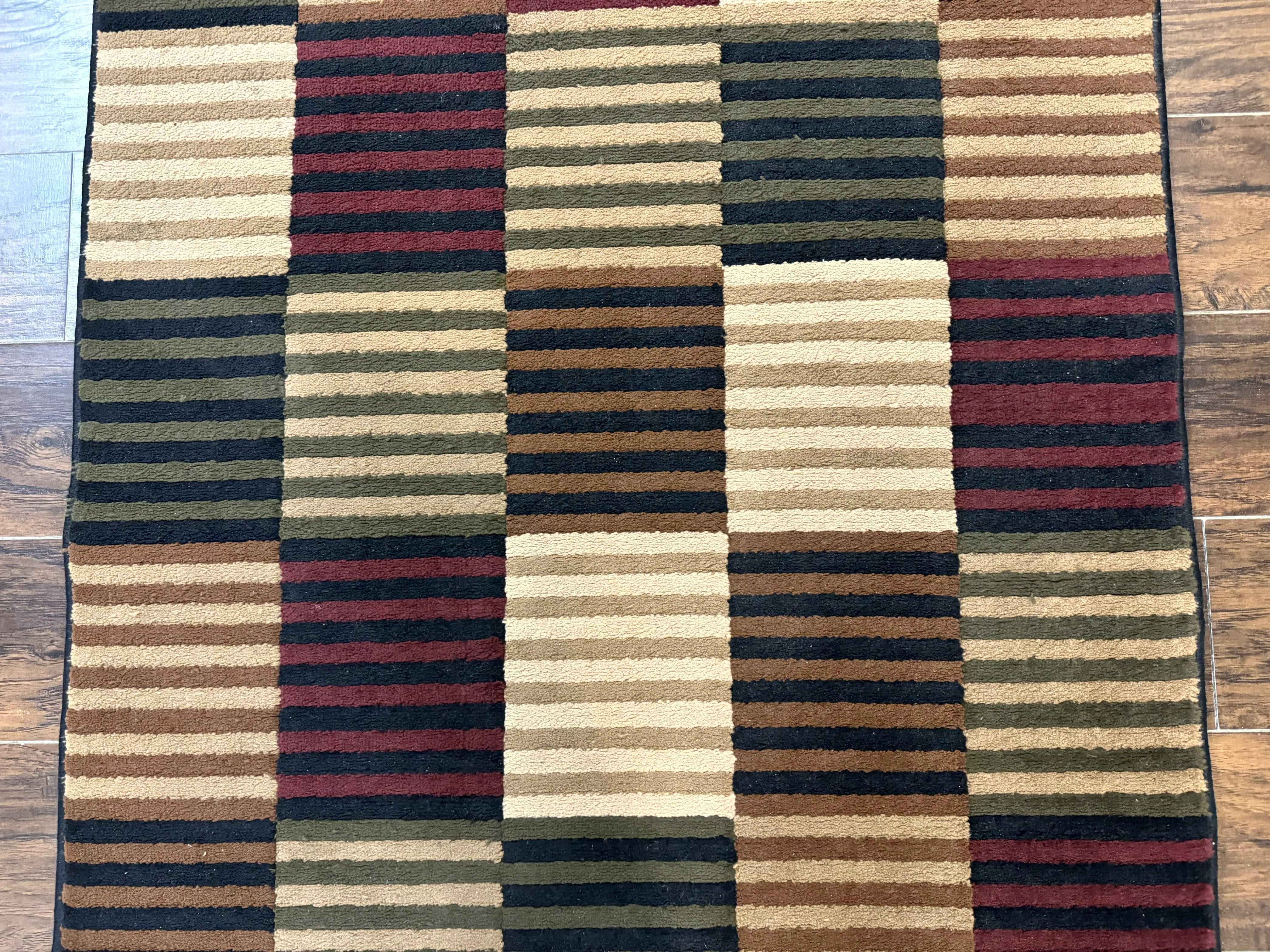 Vintage Power Loomed Rug 3.6 x 5, Brown Beige Black Tan, Box Design - Jewel Rugs