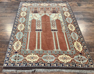 Turkish Prayer Rug 4x5, Wool Hand Knotted Vintage Carpet, Brick Red, Anatolian Oriental Rug