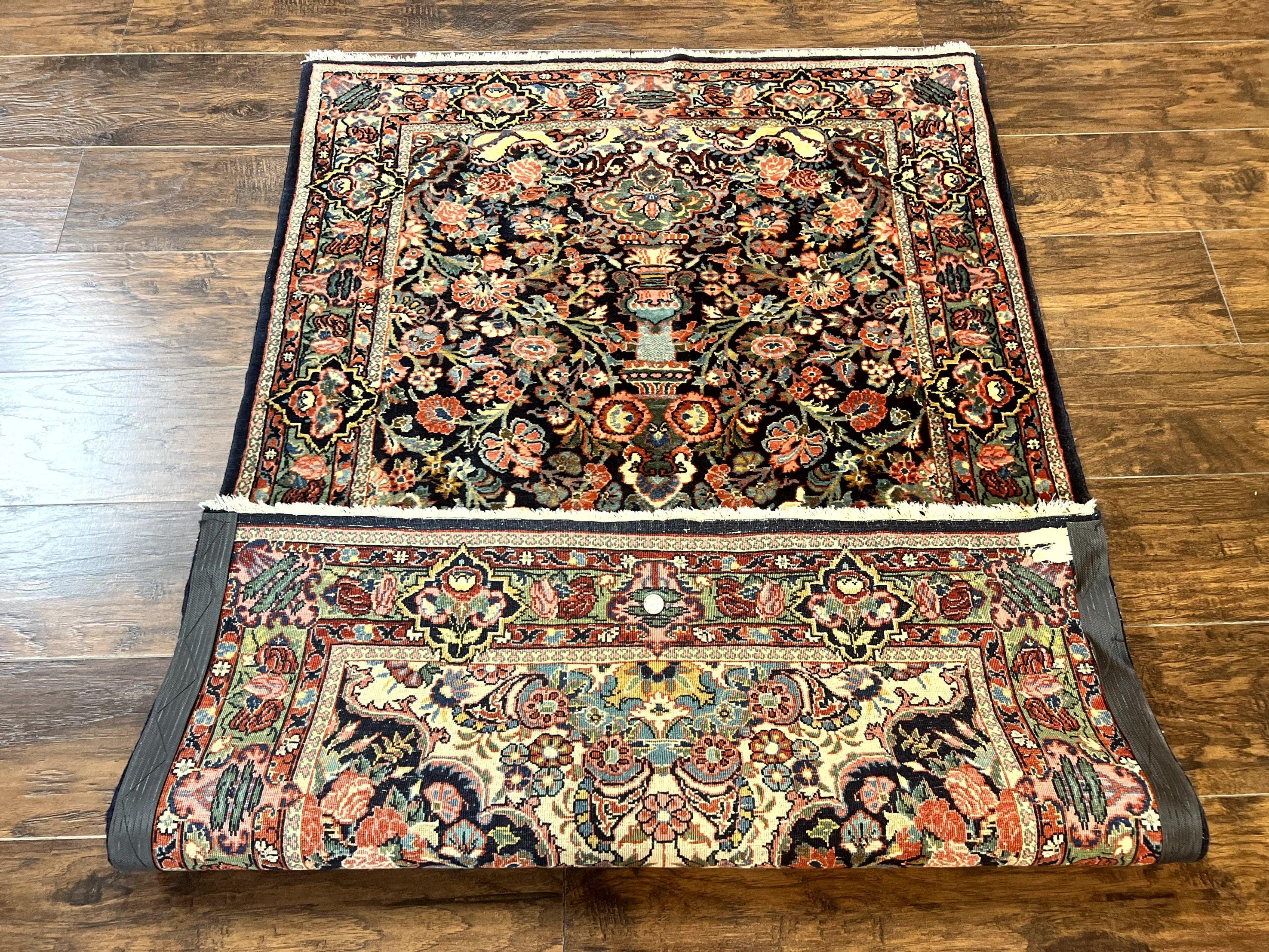 Persian Saoruk Rug 4x5, Navy Blue and Red, Floral, Antique Persian Wool Carpet, Handmade - Jewel Rugs