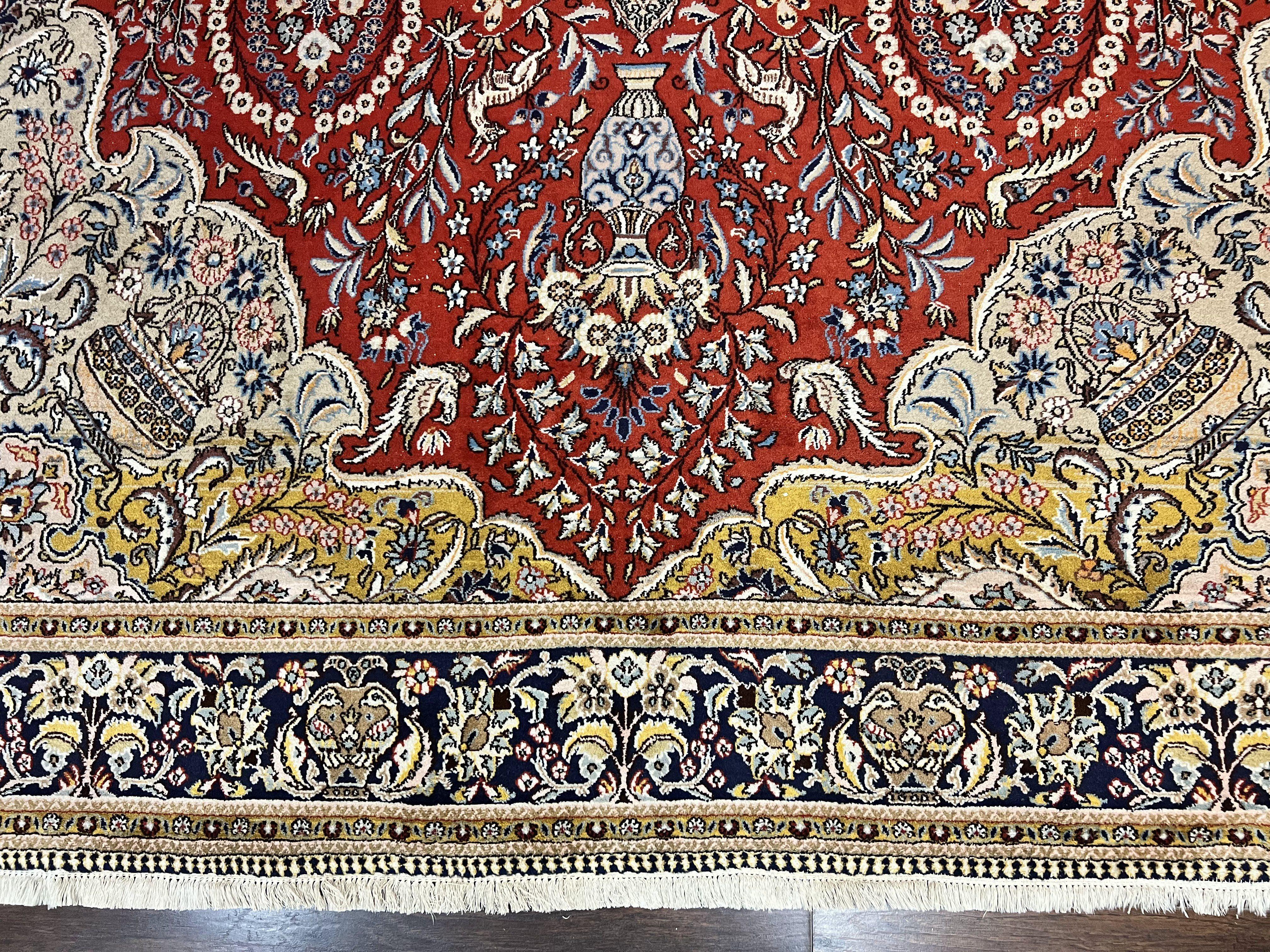 Wonderful Persian Qum Rug 10x14, Wool w/ Silk Highlights, Hand Knotted Semi Antique Vintage Carpet, Red, Floral, Fine Weave, Birds Deer Pictorials - Jewel Rugs