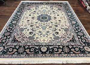 Indo Persian Rug 8x10, Floral Medallion Rug 8 x 10 ft, Room Sized Vintage Handmade Hand Knotted Cream/Ivory Navy Blue Wool Oriental Carpet