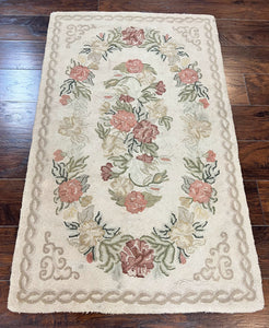 Small Aubusson Design Rug 3x5, Hooked Rug, Needlepoint Pattern, Ivory and Pink, Floral Medallion, French European Design, Vintage