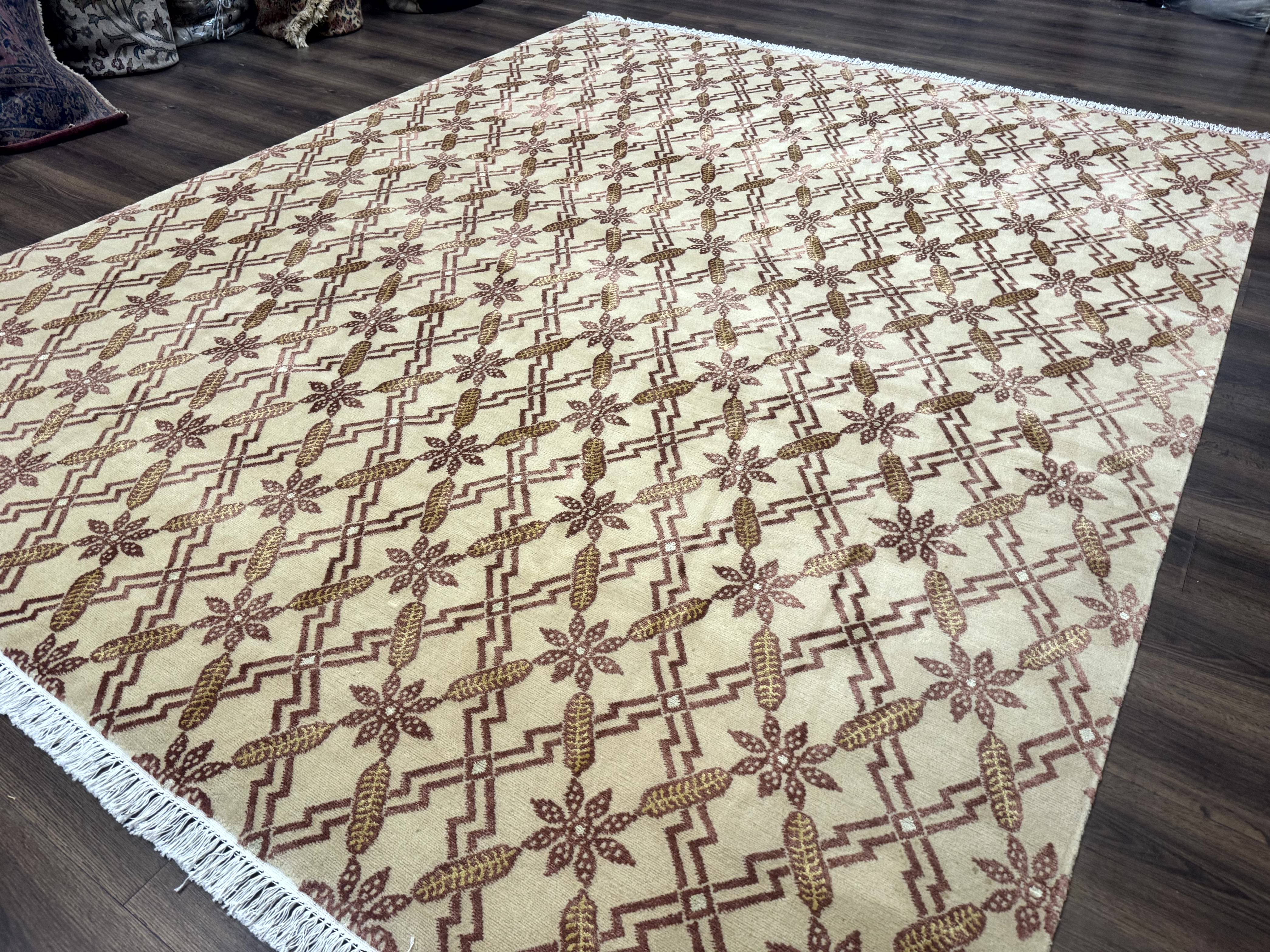 Tibetan Rug 8x10, Wool with Silk Highlights, Beige and Maroon, Contemporary Carpet - Jewel Rugs