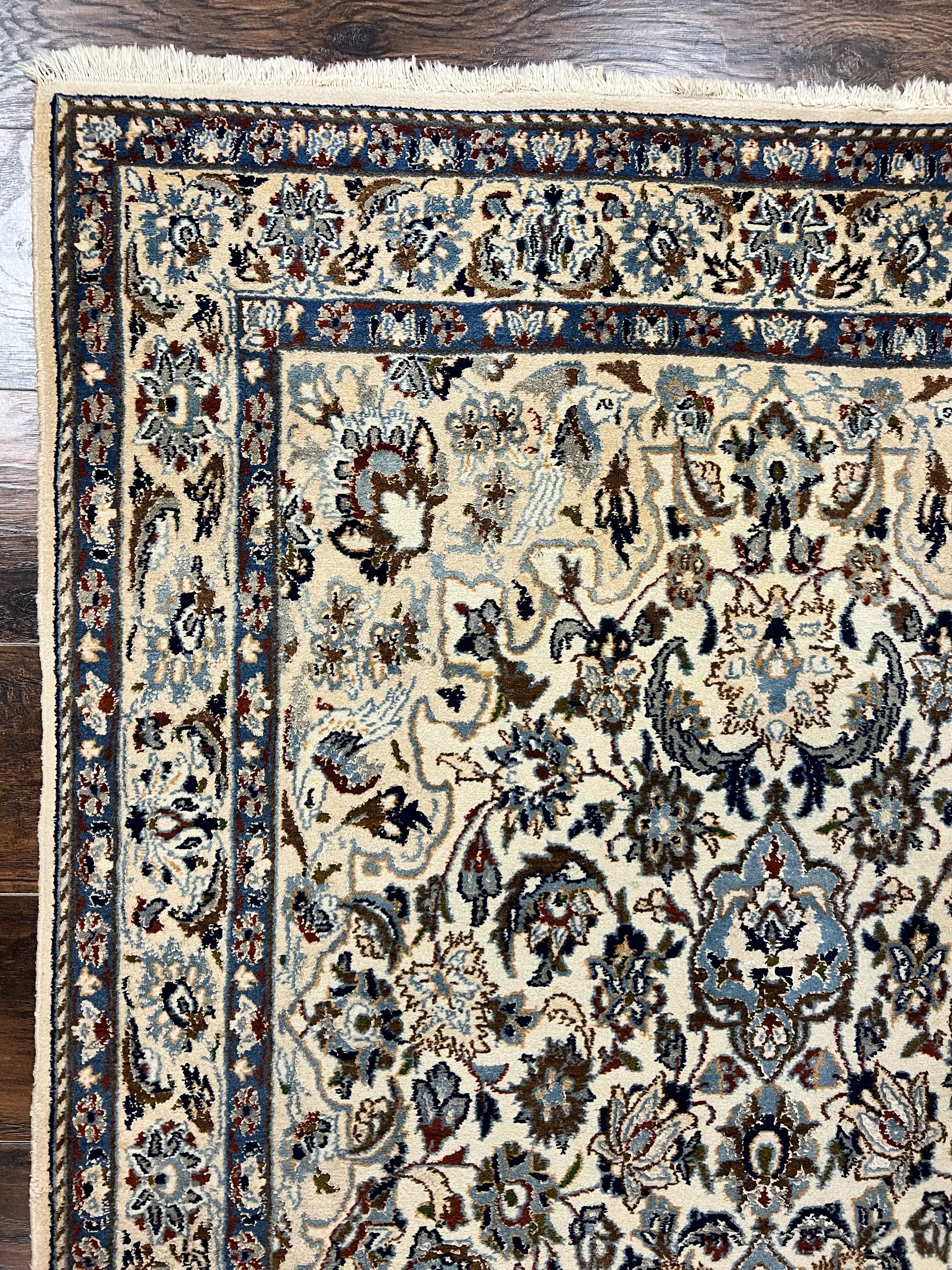 Persian Nain Rug 4x7, Floral Medallion Oriental Carpet 4 x 7 ft, Ivory Persian Rug, Handmade Hand Knotted Vintage, Wool & Silk Highlights, Birds - Jewel Rugs